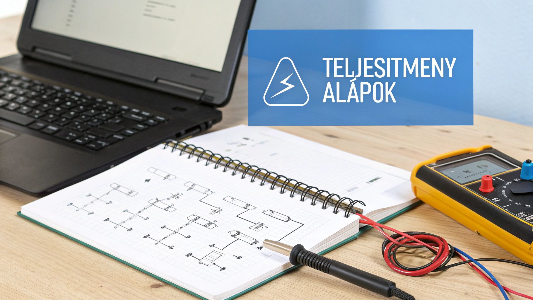 Asztalon laptop, jegyzetfüzet elektromos rajzokkal, multiméter és forrasztópáka. Kék banner: Teljesítmény Alapok.