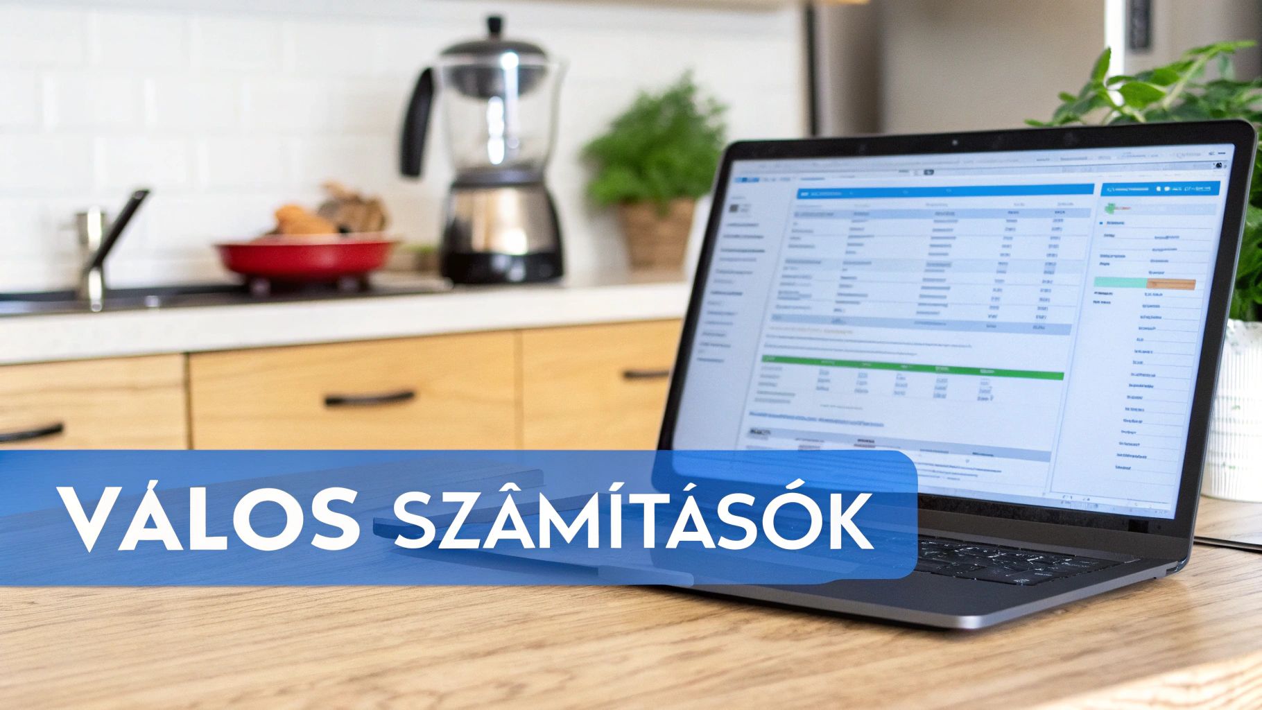 Laptop egy modern konyhai pulton, képernyőjén adatok és valós számítások láthatók.