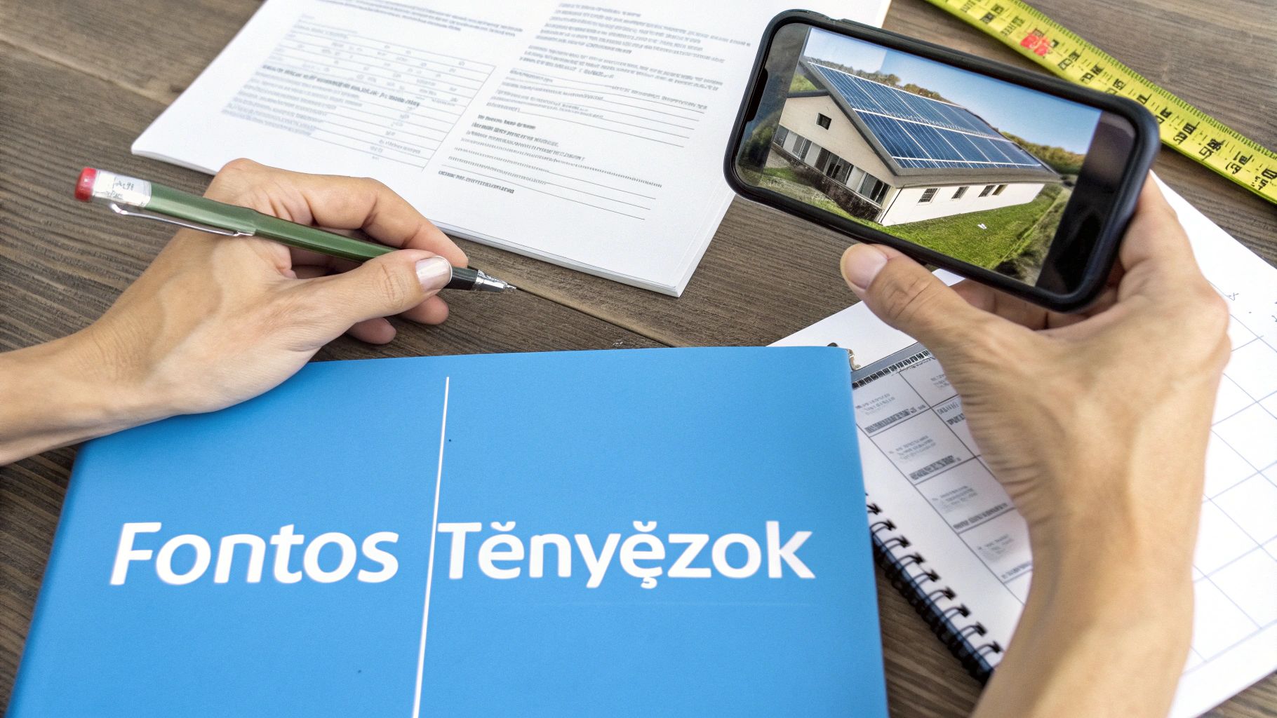 Kezek jegyzetelnek dokumentumokon, egy telefonon napelemrendszeres ház képe látható, mellette Fontos Tényezők mappa.