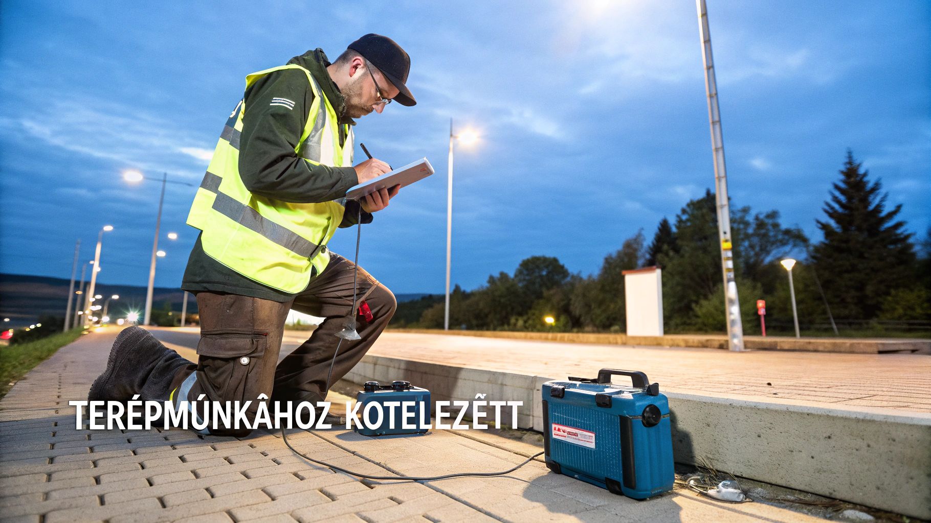 Egy férfi sárga mellényben és sapkában térdelve jegyzetel kültéri munkavégzés közben, elektronikus berendezésekkel a földön.