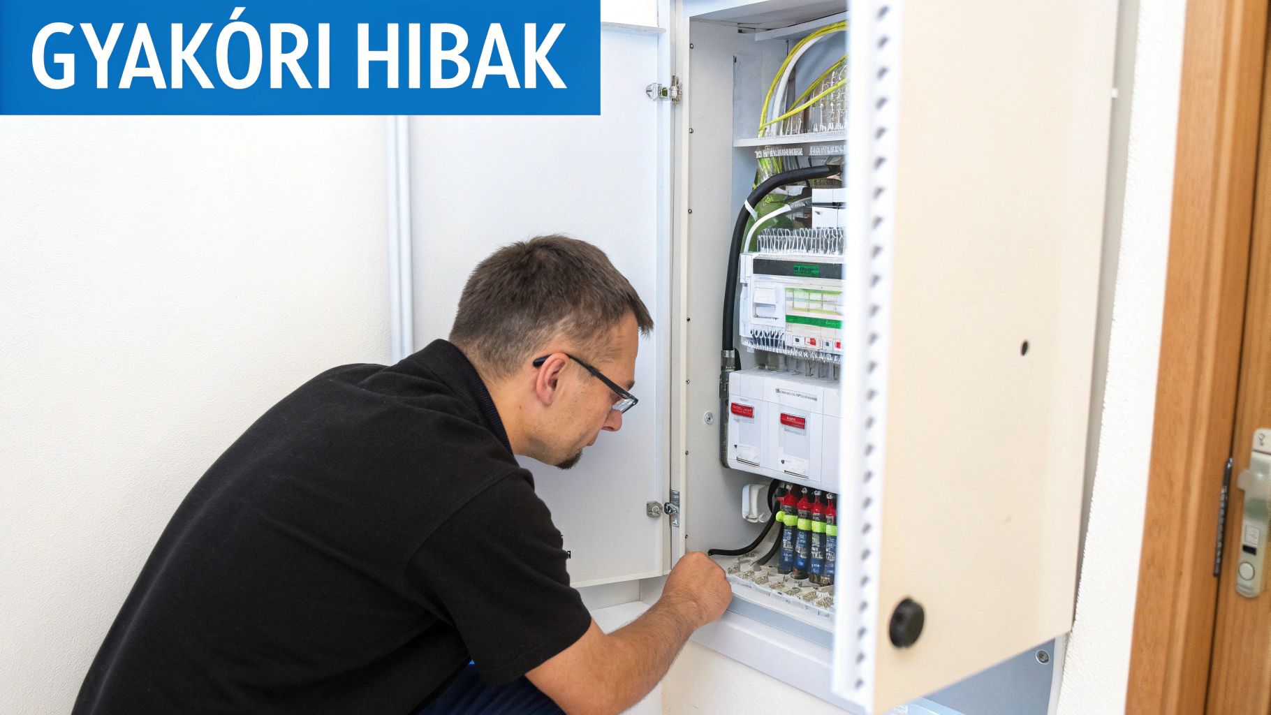 Villanyszerelő ellenőriz egy nyitott villanyóra-szekrényt, gyakori hibákat keresve a rendszerben.