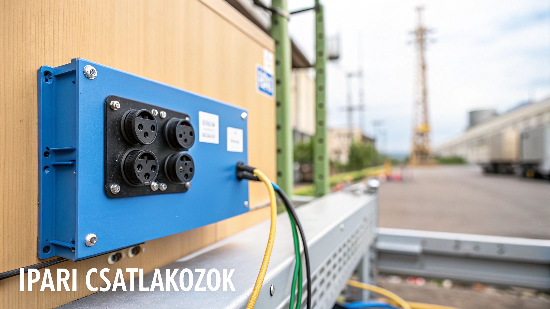 Kék ipari csatlakozódoboz négy ipari aljzattal, beledugott kábelekkel, kültéri ipari környezetben.