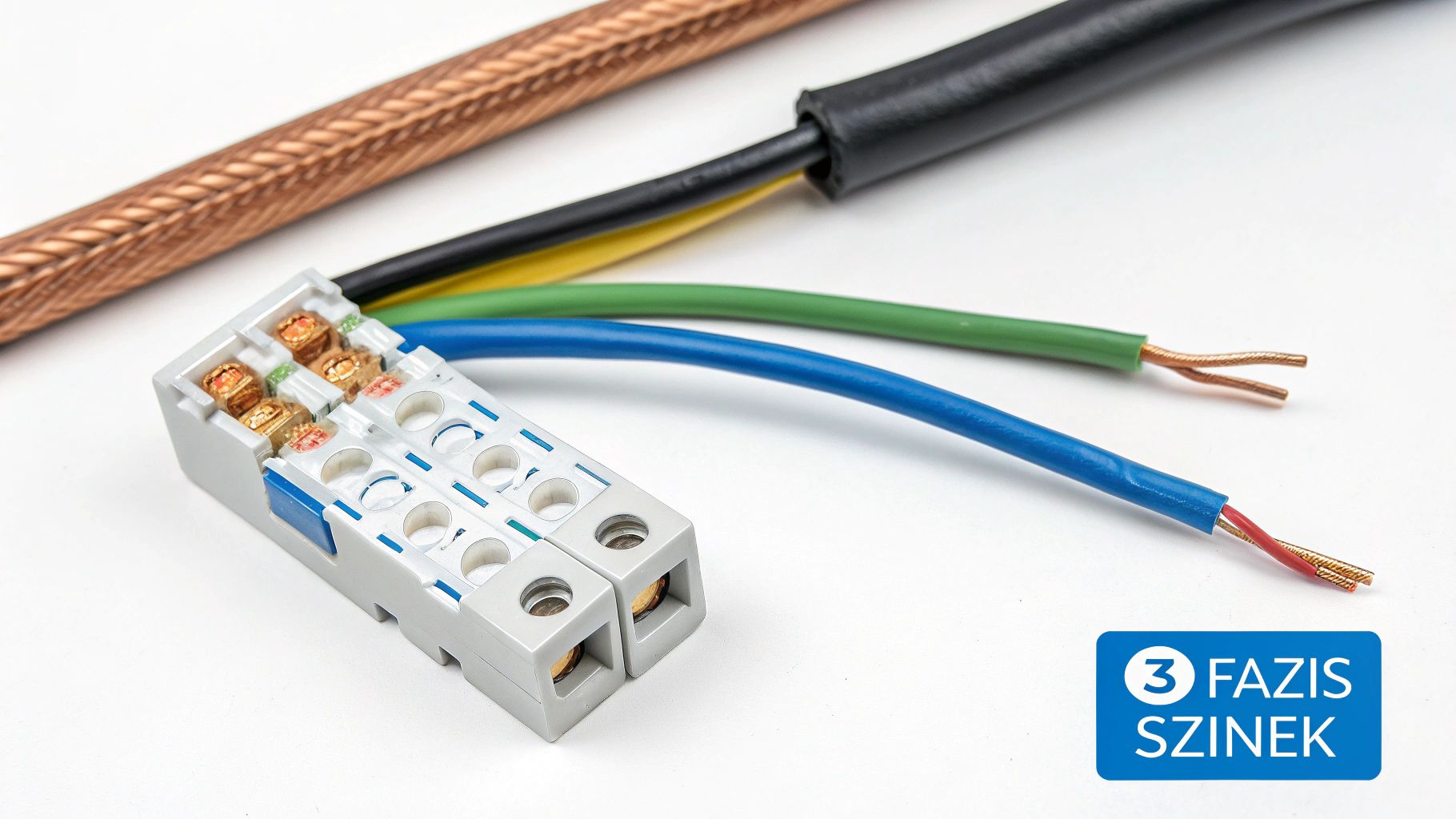 Különböző színű elektromos vezetékek, mint zöld, kék és réz, egy sorkapocsba csatlakoztatva, fehér háttéren.