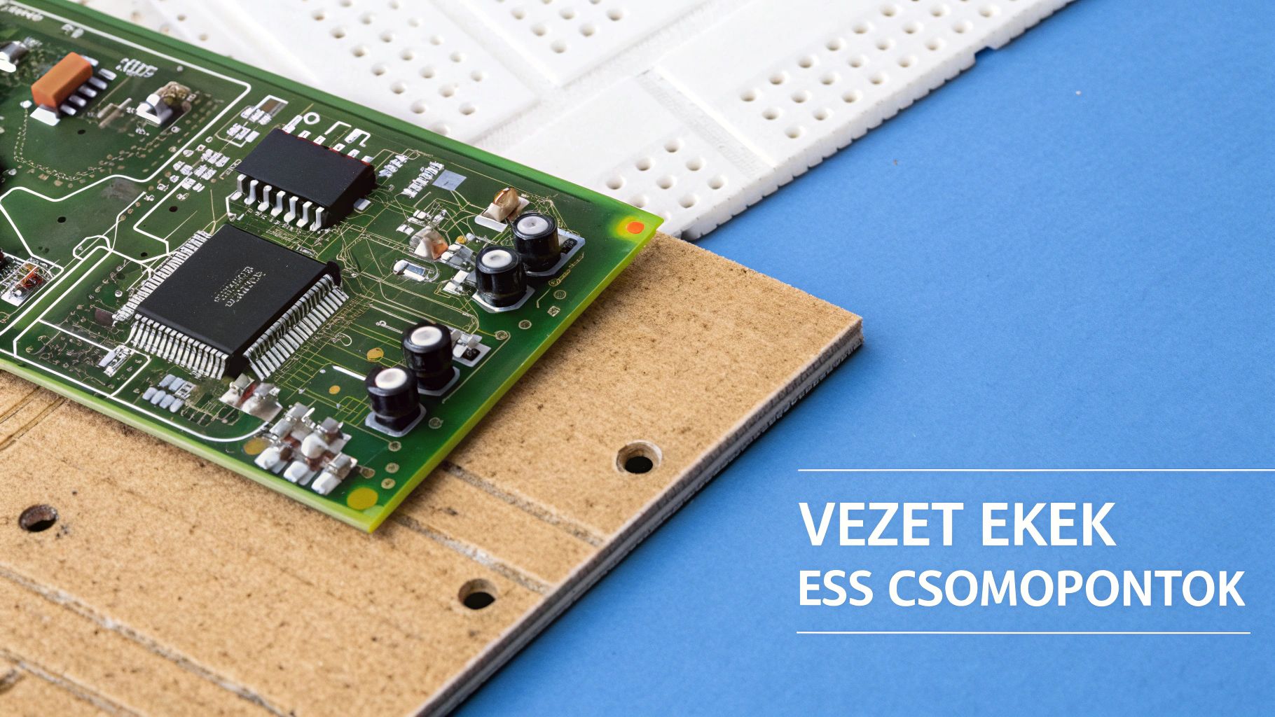 Zöld nyomtatott áramköri lap mikrochipekkel és alkatrészekkel, részben fa és kék háttér előtt, "VEZET EKEK ESS CSOMOPONTOK" szöveggel.