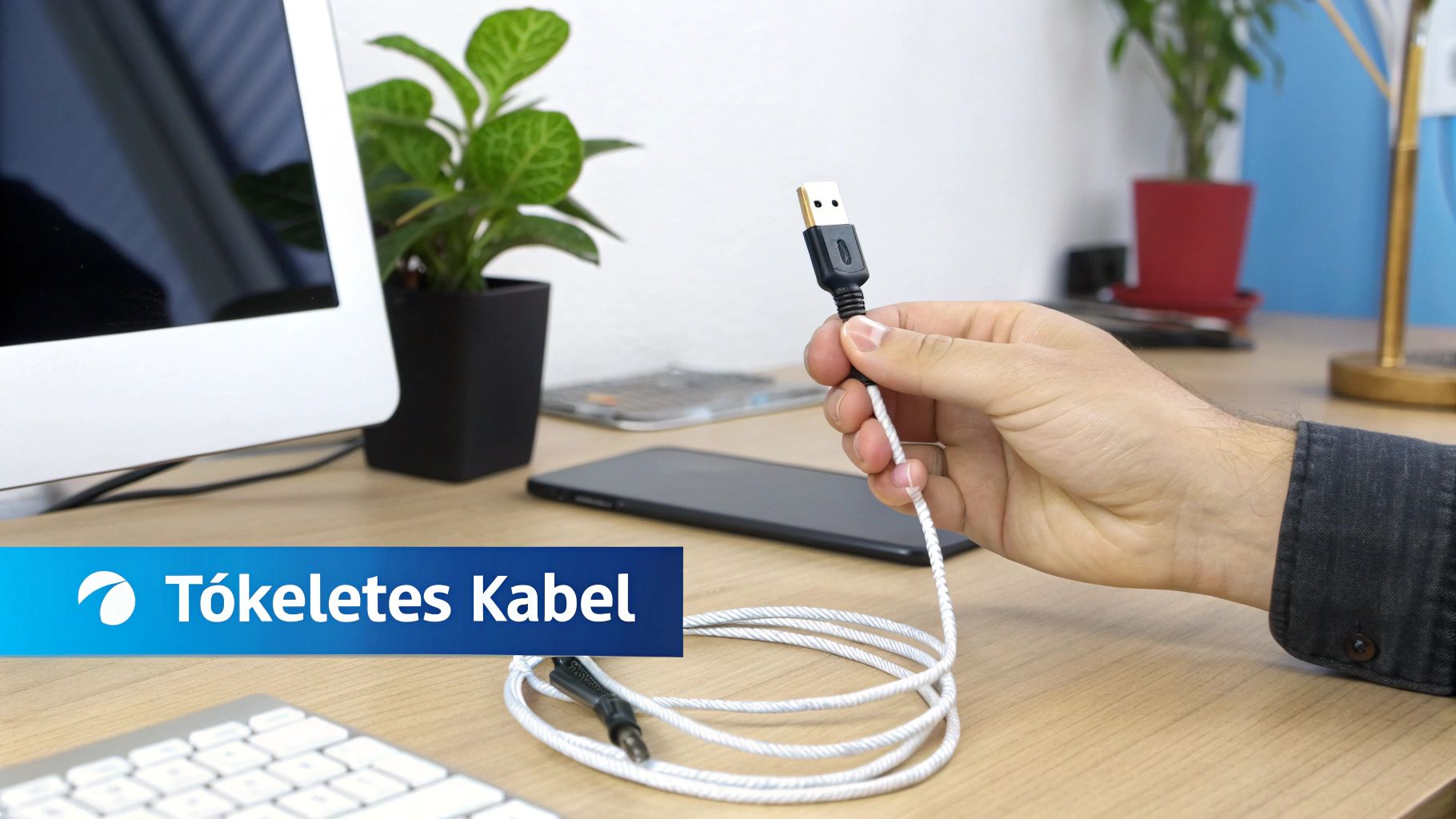 Kéz tartja a fehér fonott USB kábelt számítógép íróasztal előtt, háttérben monitor és növény