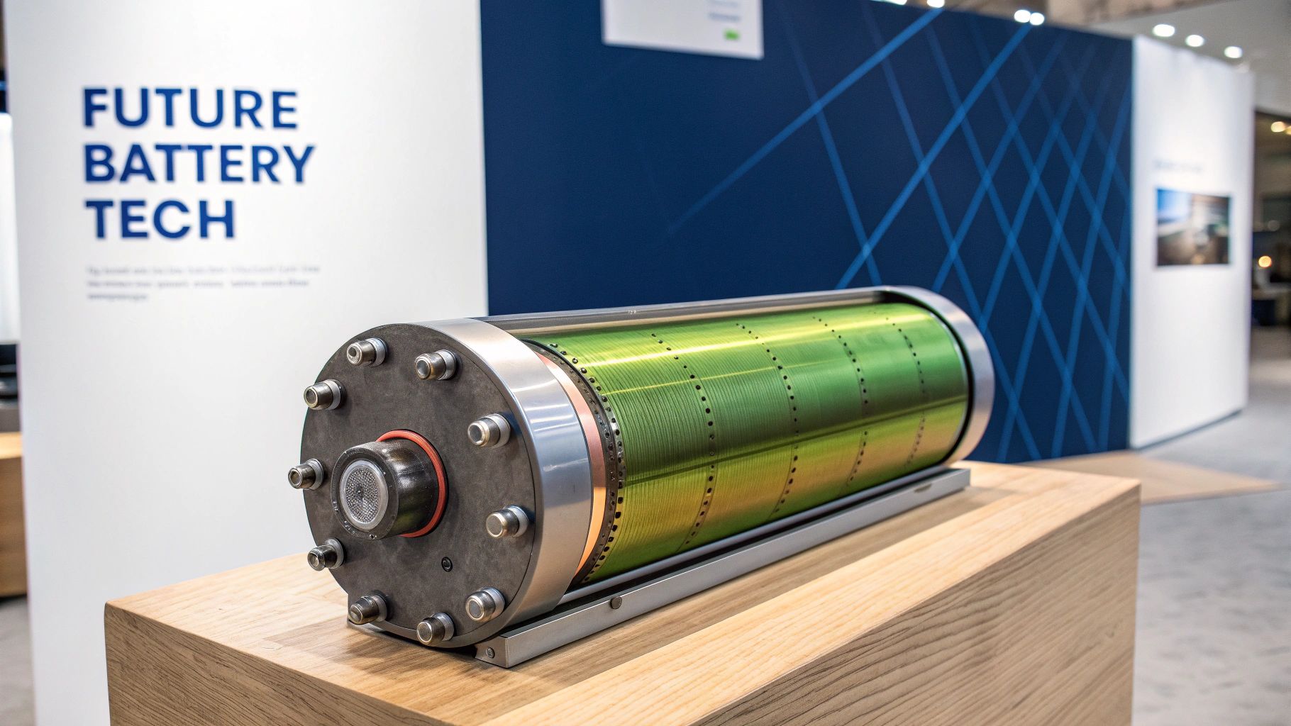 A futuristic image showing the internal structure of an advanced electric vehicle battery.