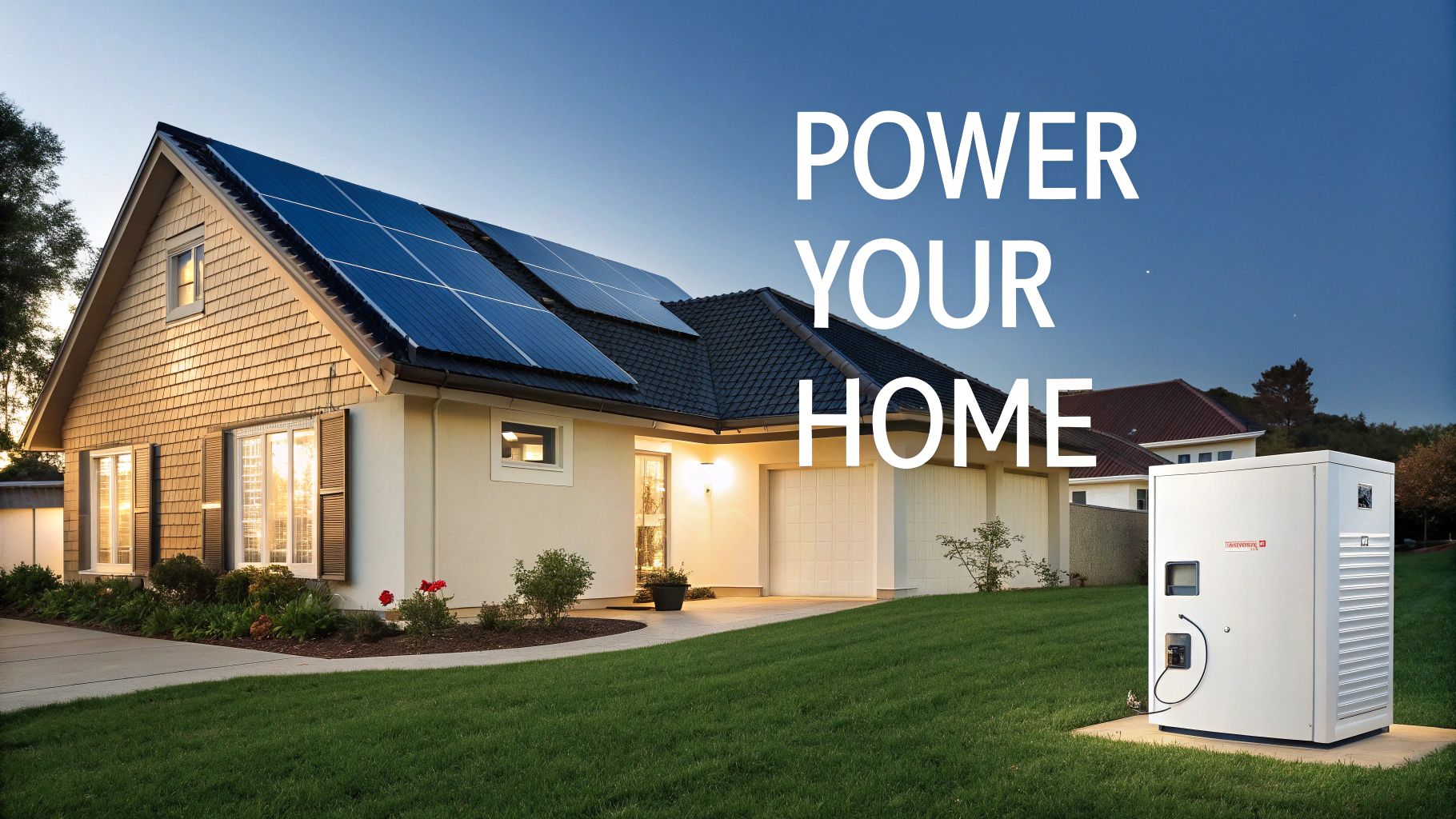 A modern home with solar panels and a visible Sungrow battery unit, illustrating a smart energy ecosystem.