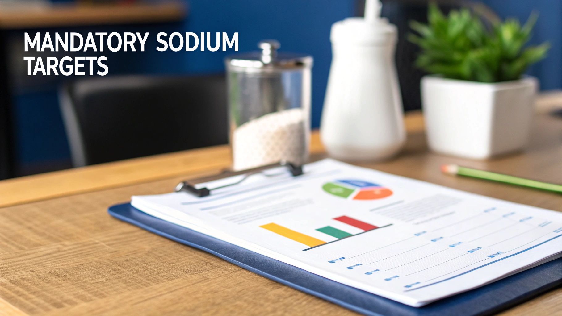 Clipboard with colorful charts and graphs about mandatory sodium targets on wooden desk