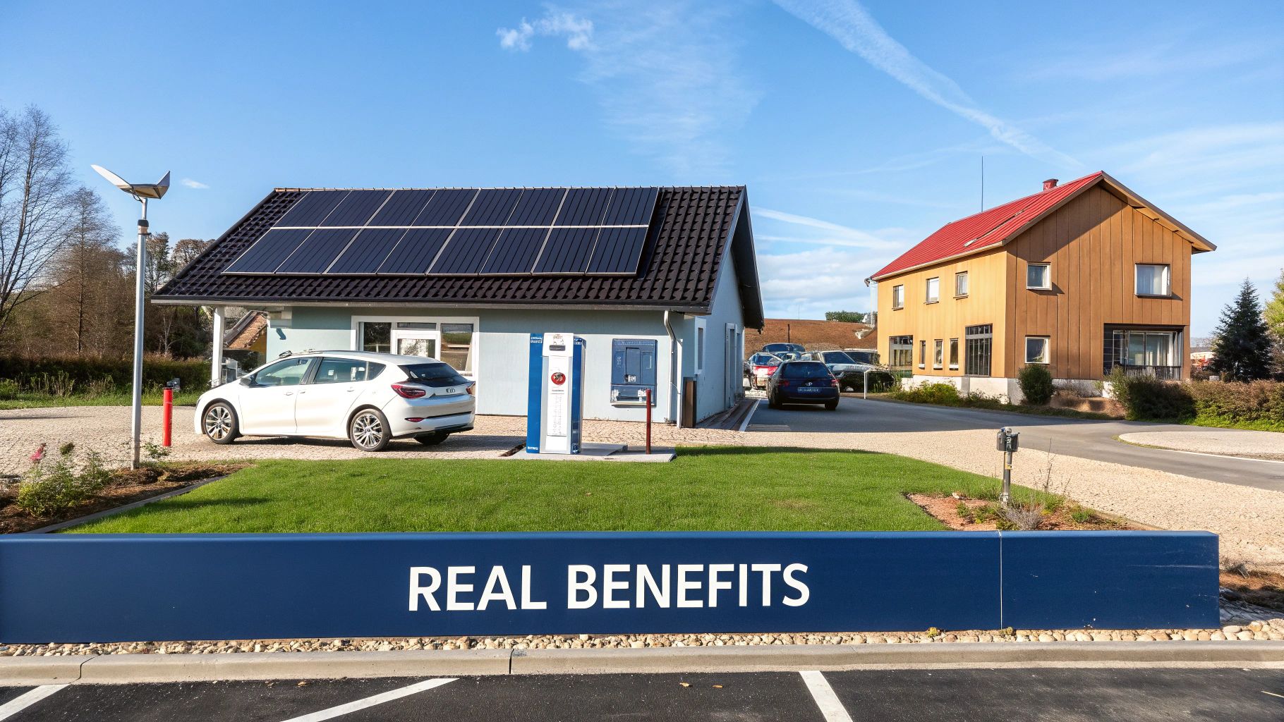 A modern home with solar panels on the roof, showcasing a sustainable energy solution.