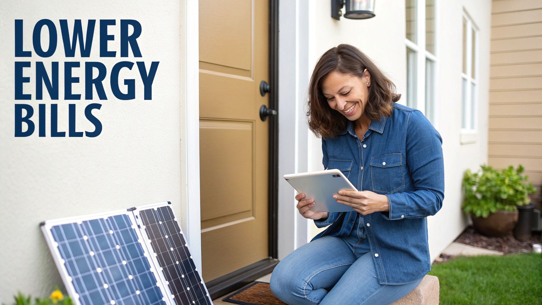 Family reviewing their electricity bill with solar panels visible outside their window