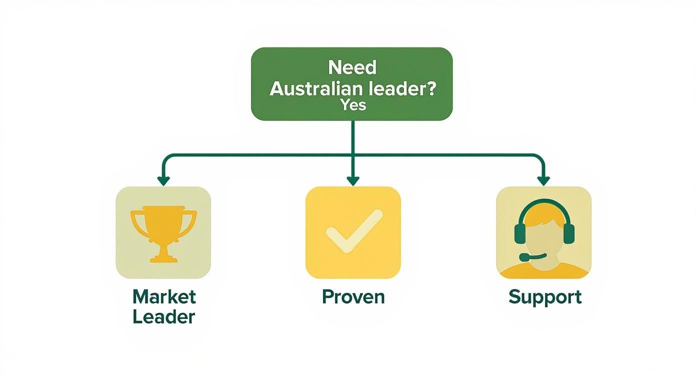 An infographic decision tree asking if you need an Australian leader, leading to icons for Market Leader, Proven, and Support.