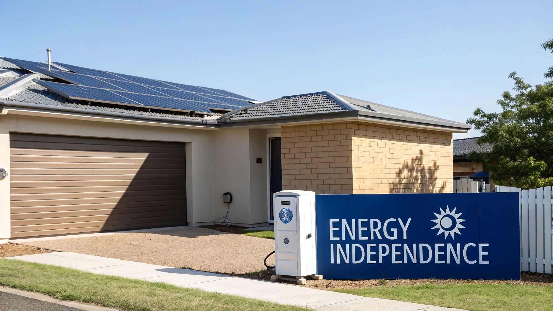 A modern home with rooftop solar panels and a visible Sungrow battery system installed on the side wall.