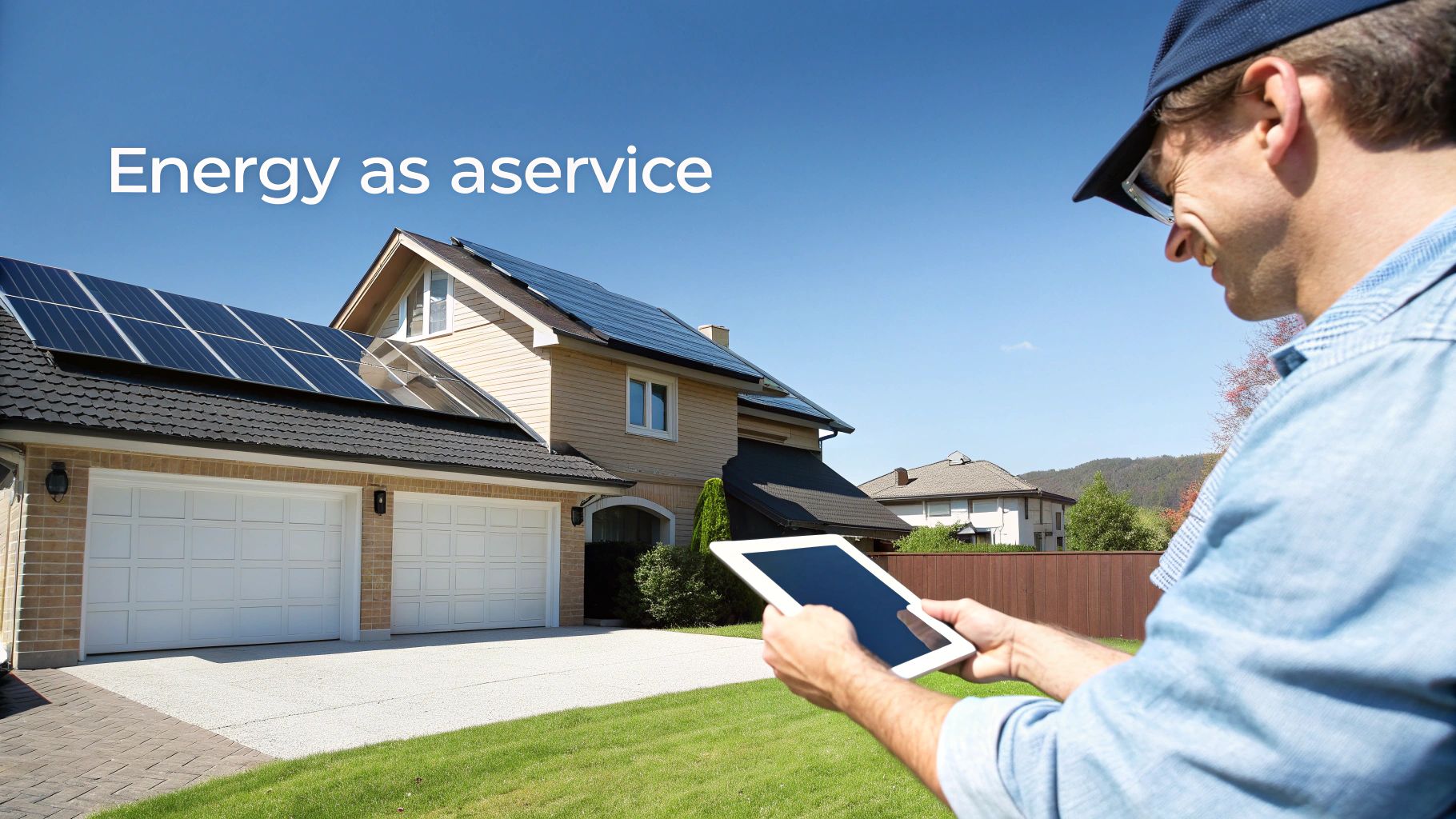 Professional installer monitoring solar panel system performance on residential home using digital tablet device