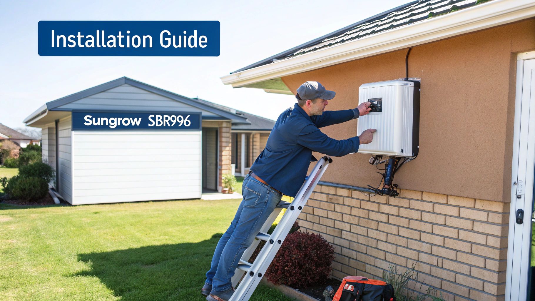 A technician inspecting a Sungrow SBR096 battery unit installed neatly on an exterior wall.