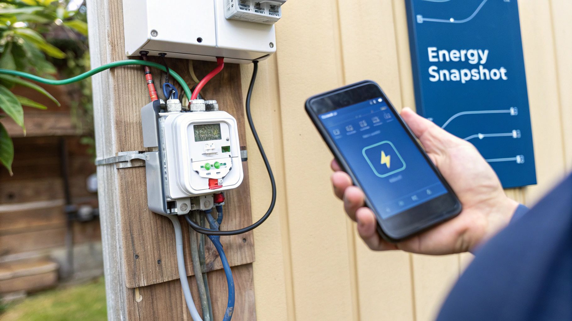 A person monitors home electricity consumption on a smartphone app next to an outdoor smart meter.