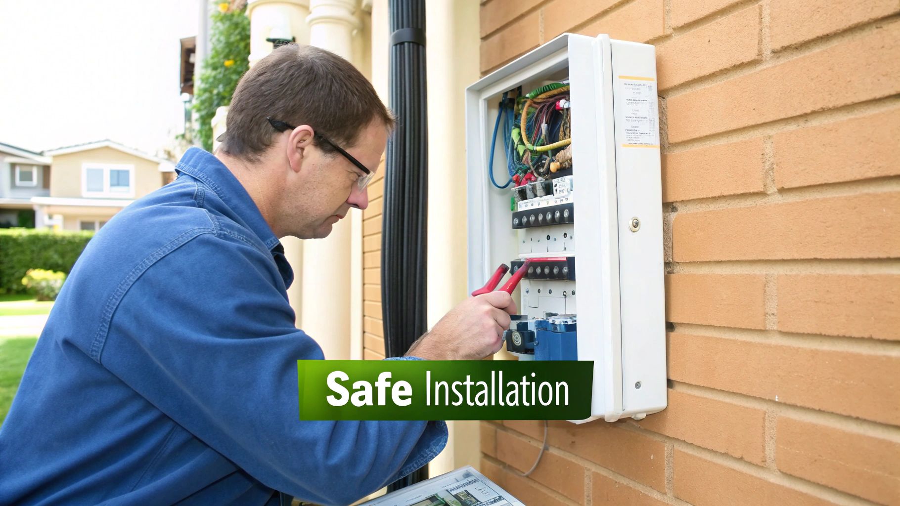 An electrician wearing safety glasses safely installing or repairing an outdoor electrical panel on a brick wall.
