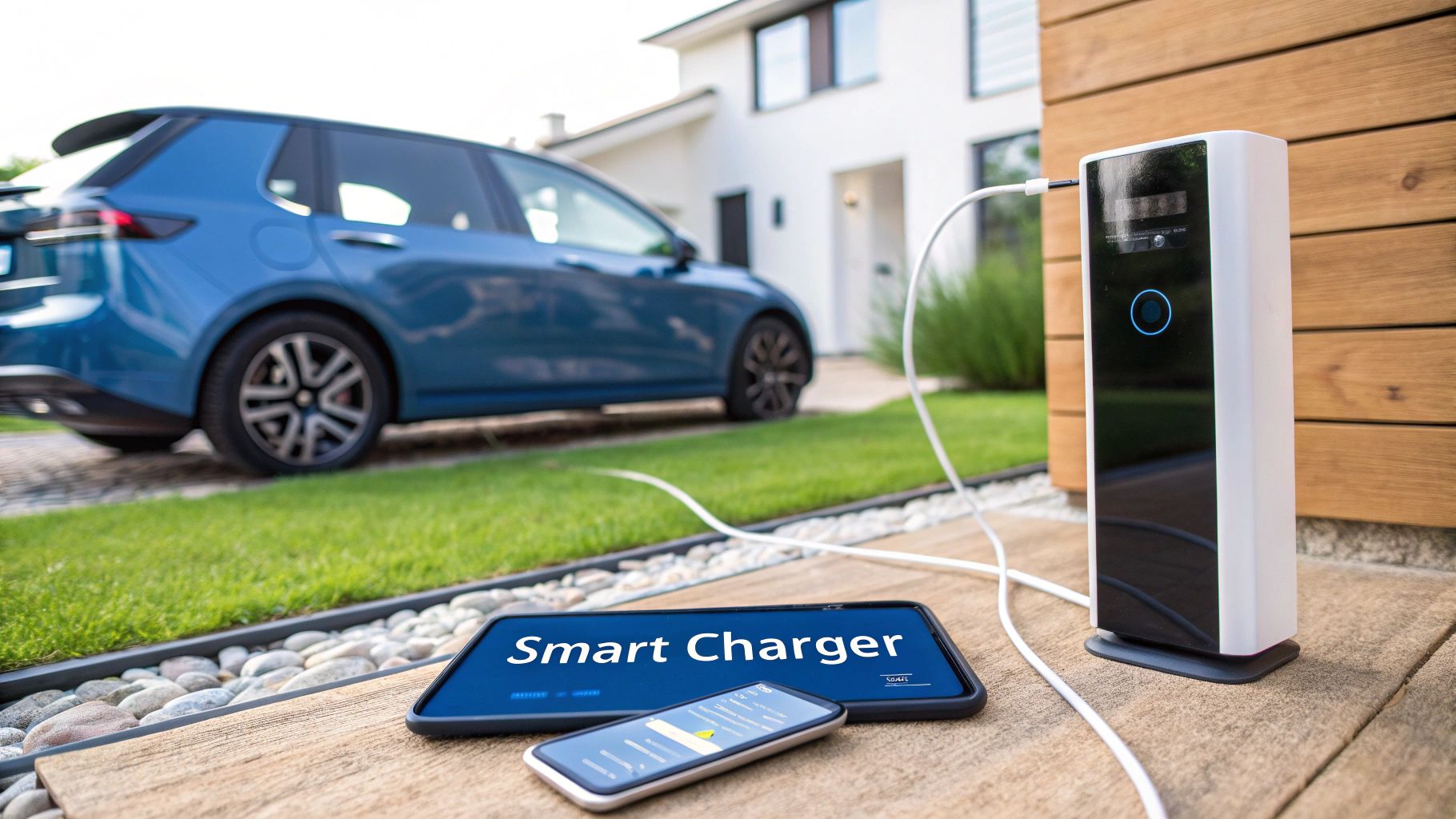 Close-up of a modern solar electric car charger mounted on a wall.