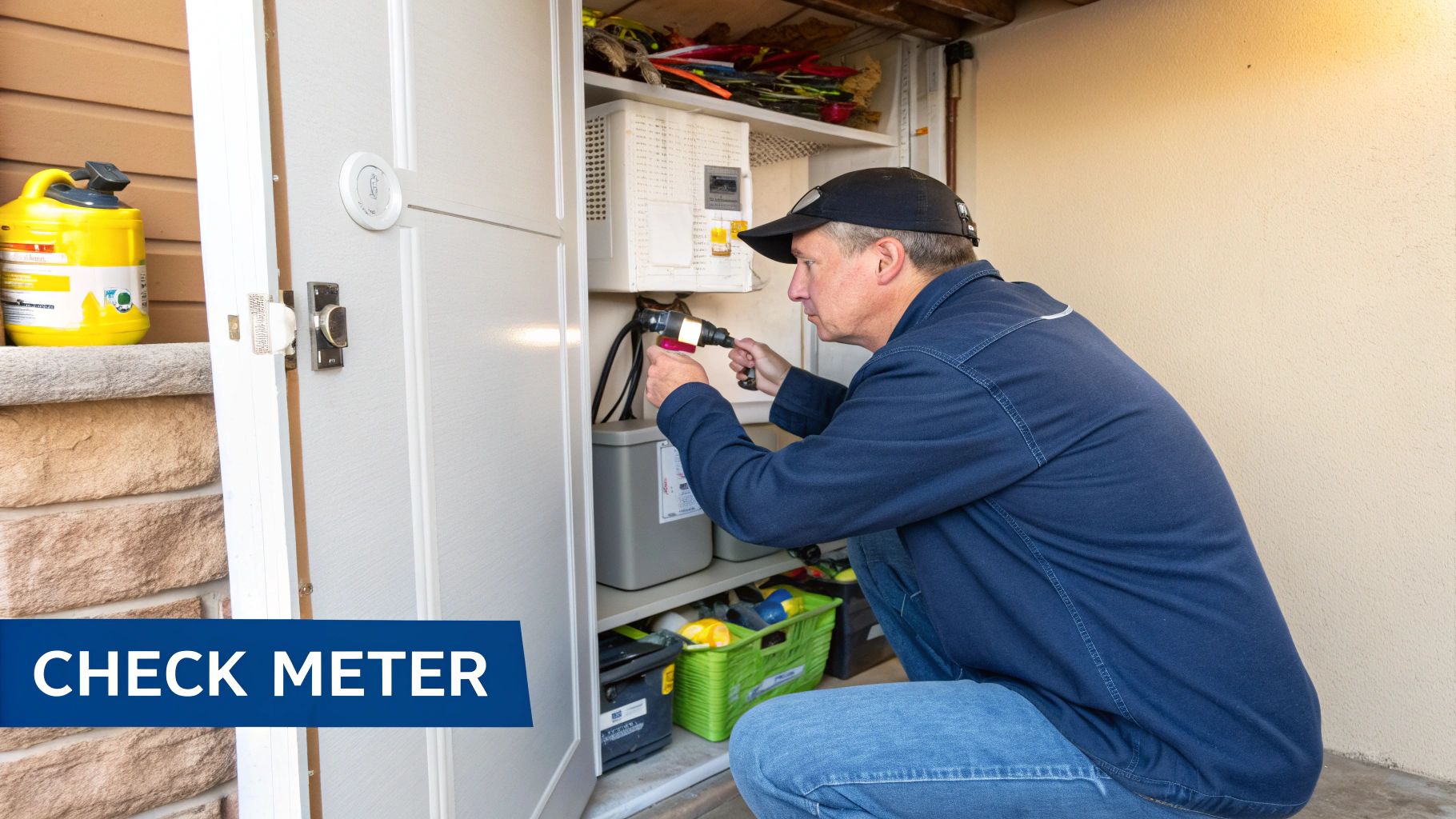 A person looking at a gas meter with a flashlight, trying to troubleshoot an issue.