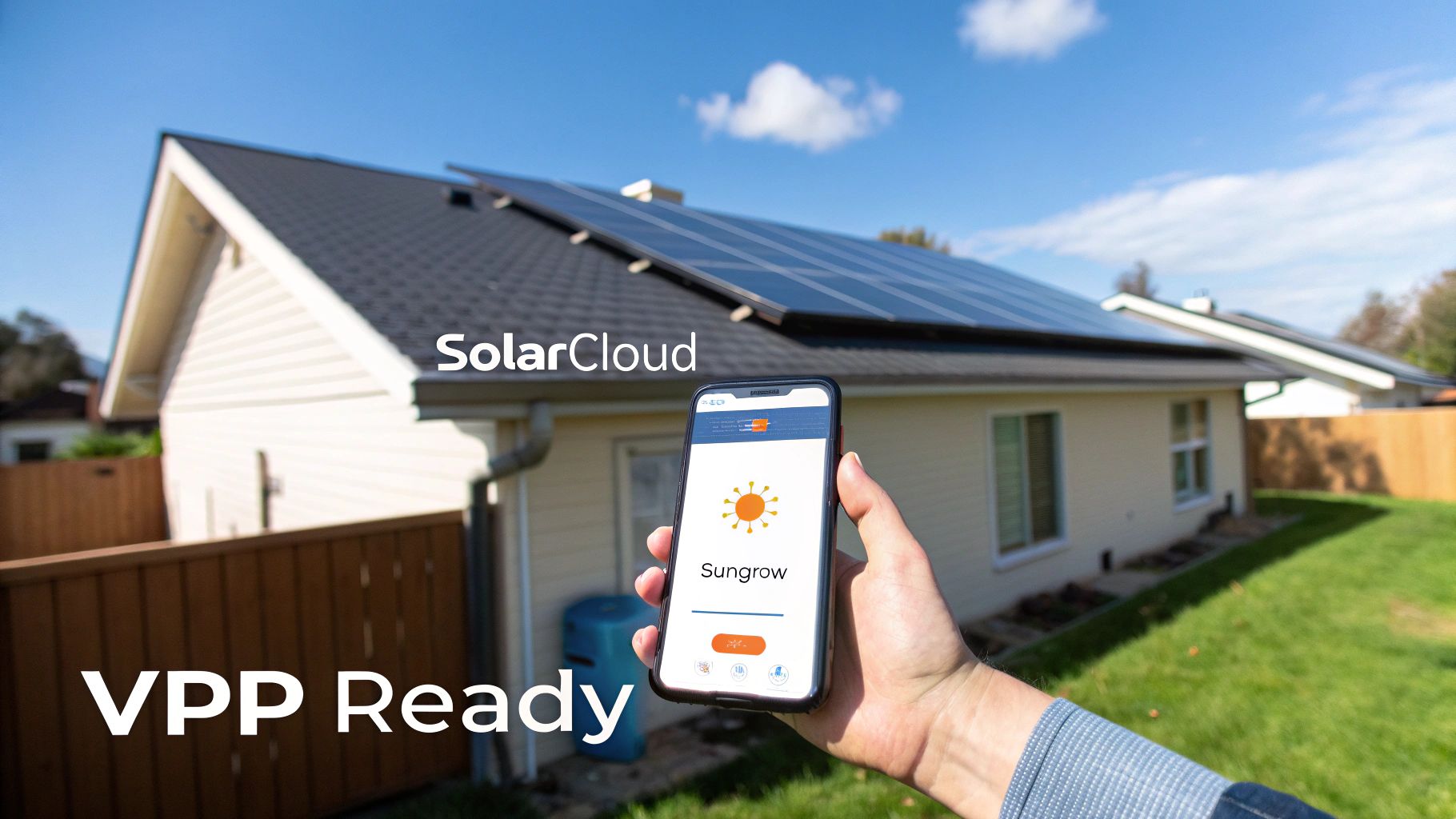 A solar installer checking the connections on a Sungrow battery and inverter system mounted on a wall.