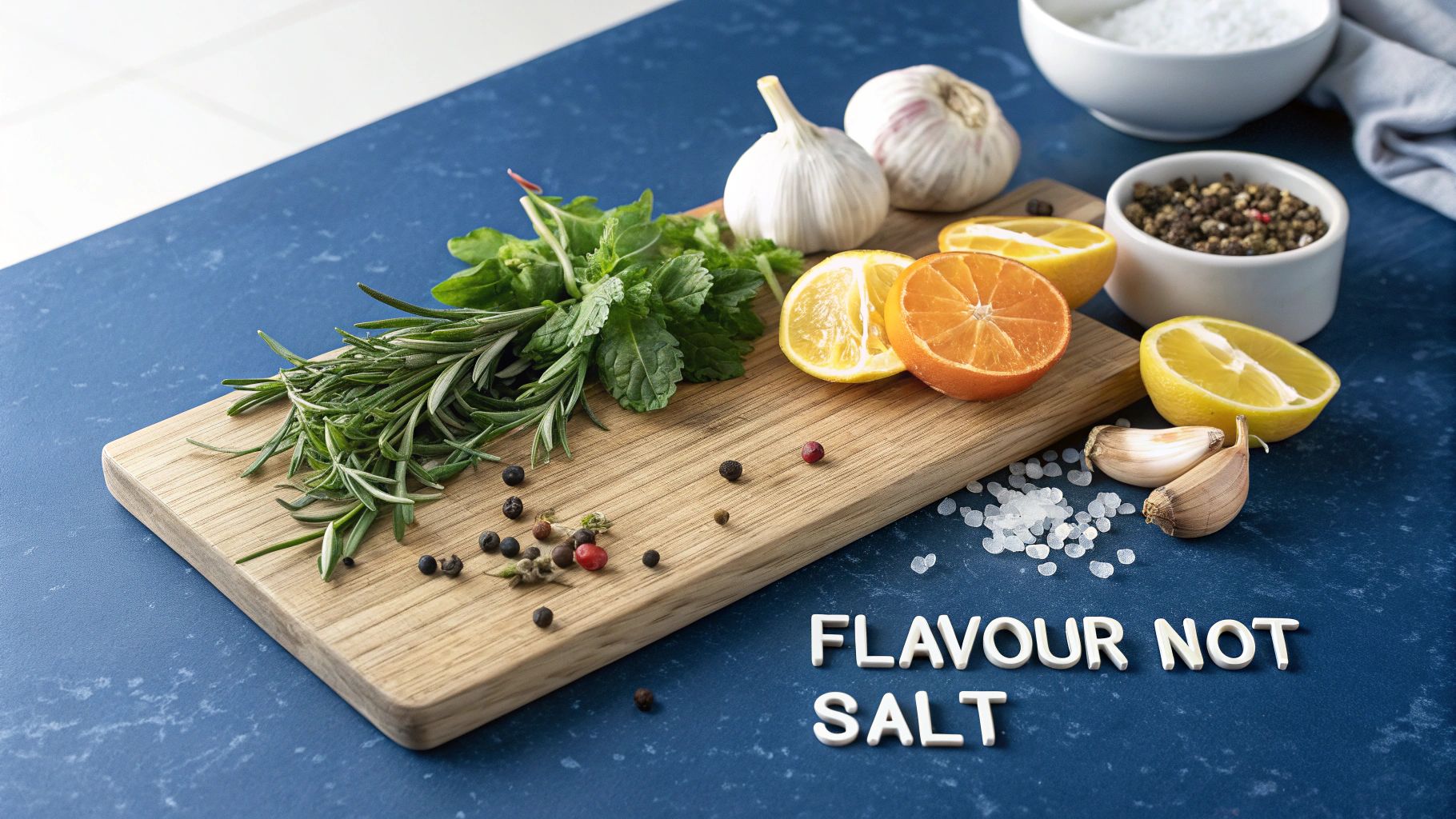 A variety of fresh herbs, spices, and a lemon on a wooden cutting board, ready for cooking.