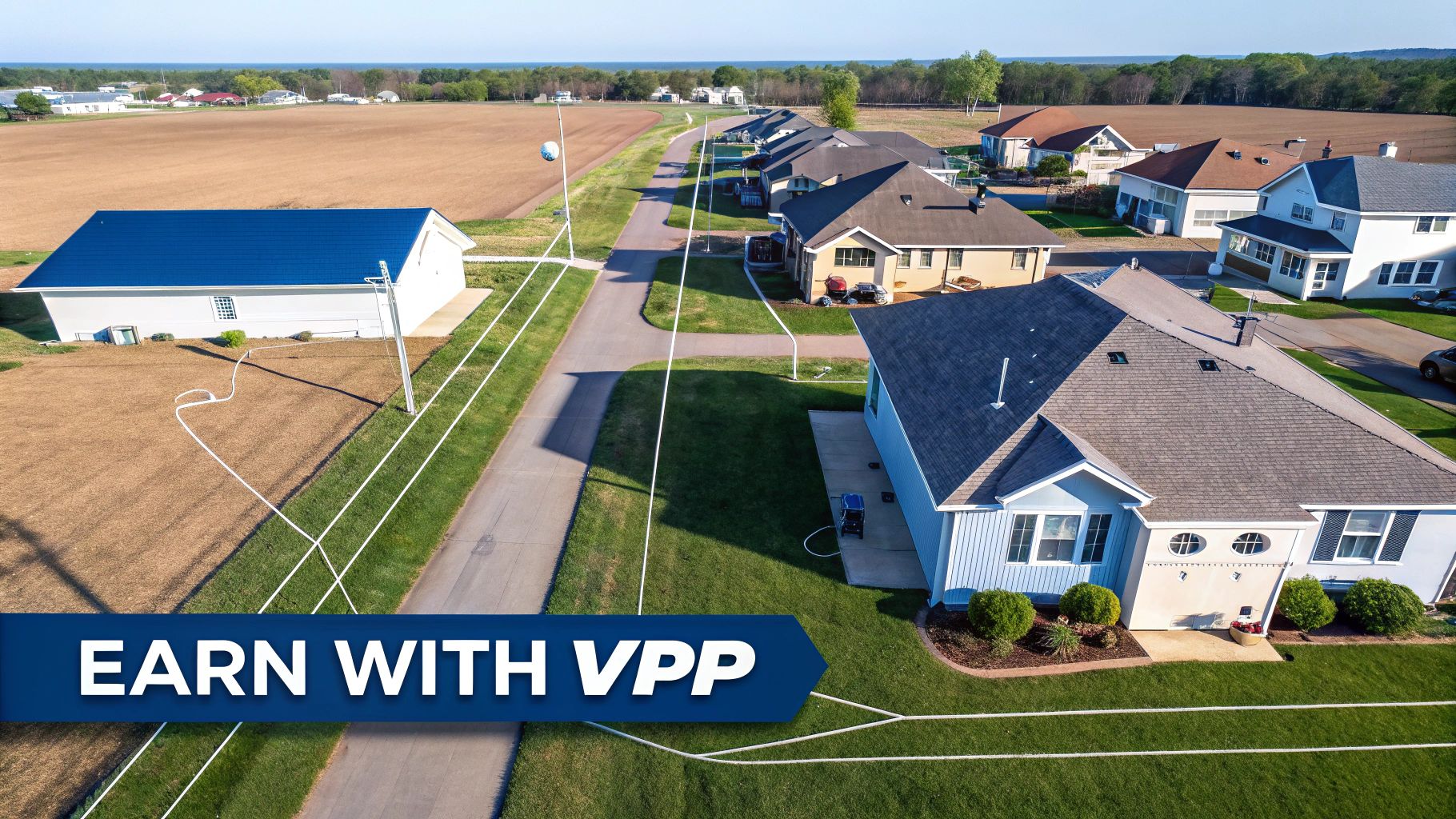 A network of homes with solar batteries connected, visualizing a Virtual Power Plant.