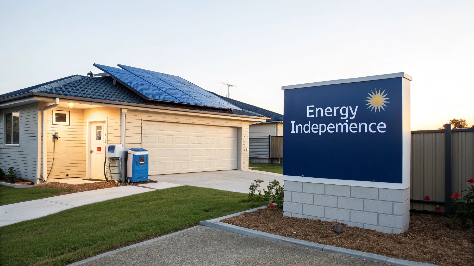 A modern Australian home with solar panels and a visible Sungrow SBH400 battery unit mounted on the side.