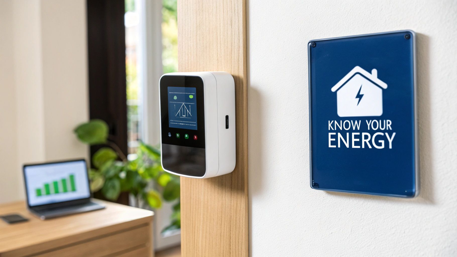 A modern smart meter installed on the side of a house, showing a digital display.