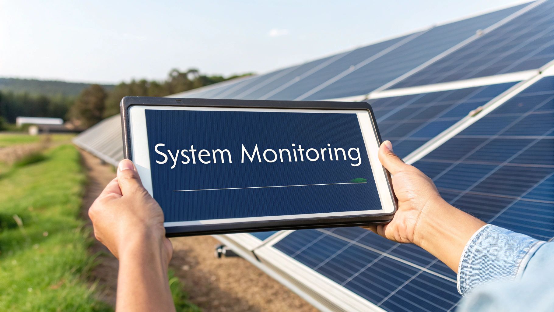 A person checking their solar production on a smartphone with rooftop solar panels in the background