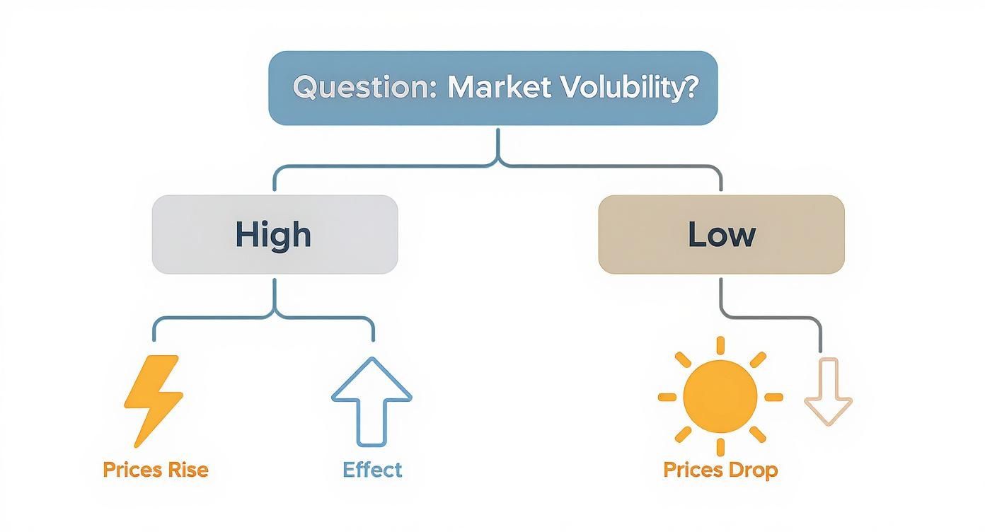 An infographic decision tree showing that high market volatility leads to rising energy prices, while low market volatility leads to falling prices.