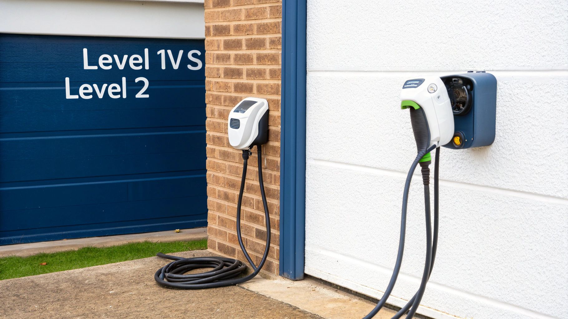 A close-up of an electric car being plugged into a home charger.