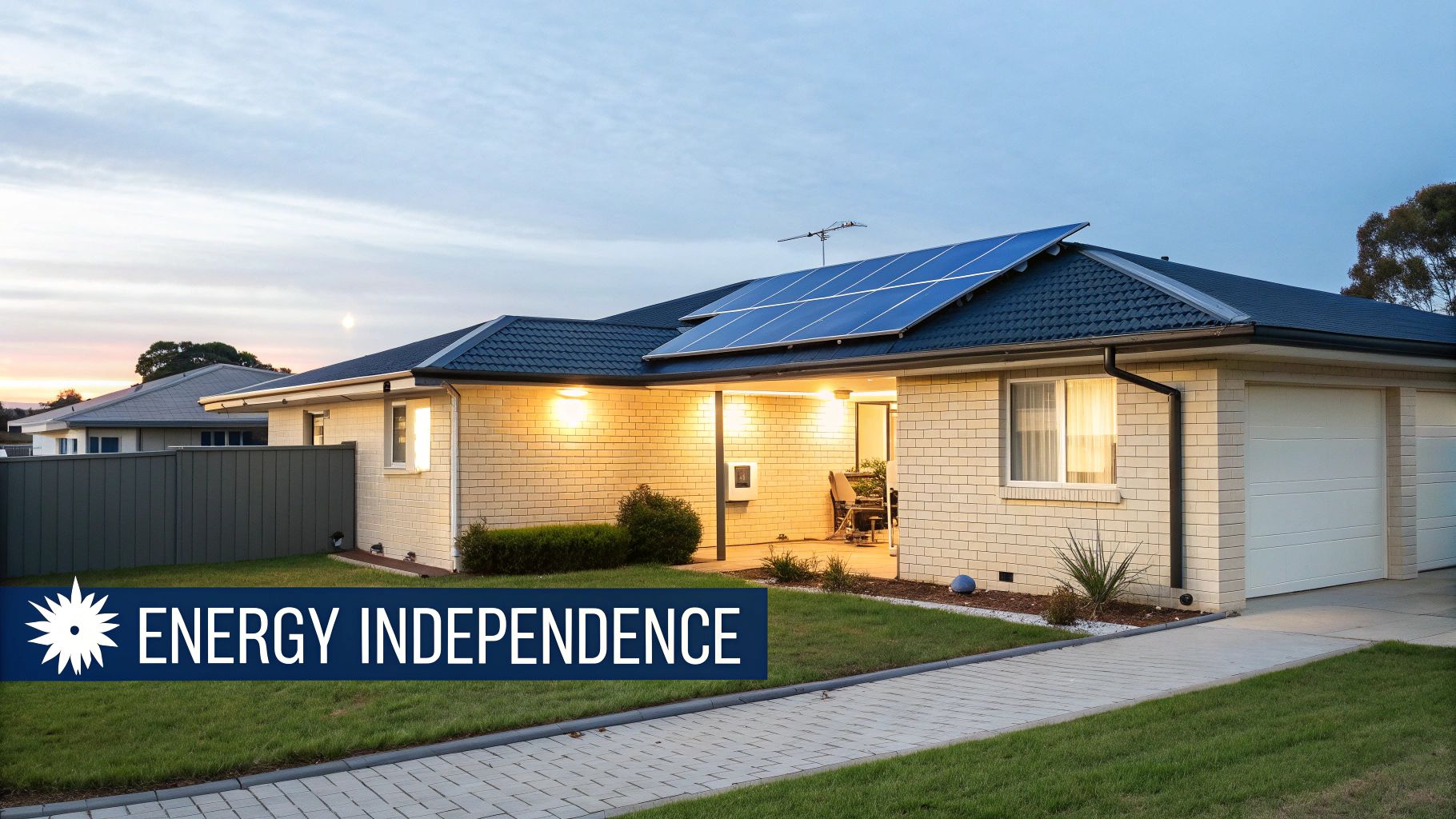 A modern home with solar panels on the roof and a sleek solar battery unit installed on the exterior wall, glowing softly at dusk.