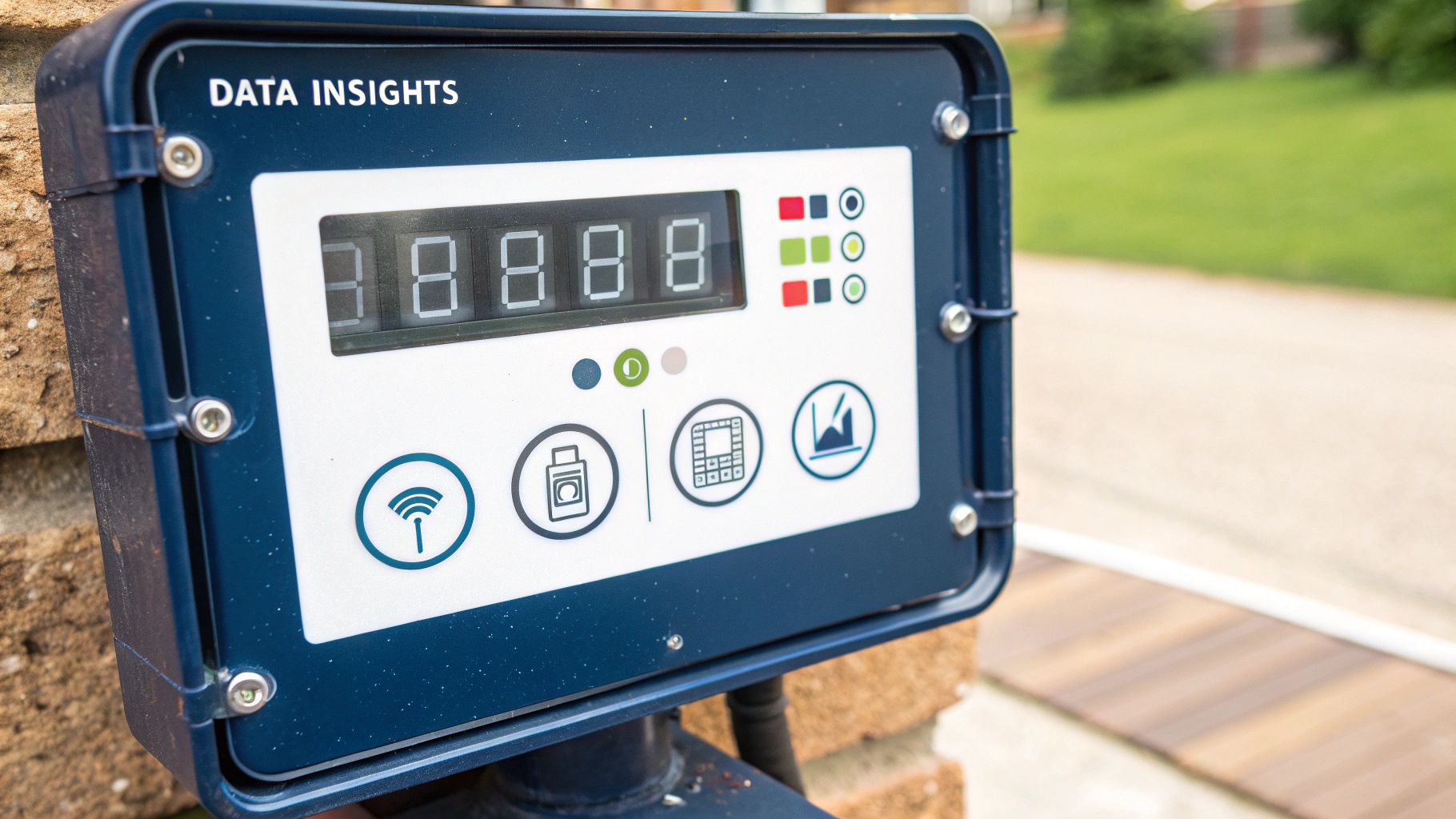 A close-up of a modern smart meter display, showing various digital readings and symbols.