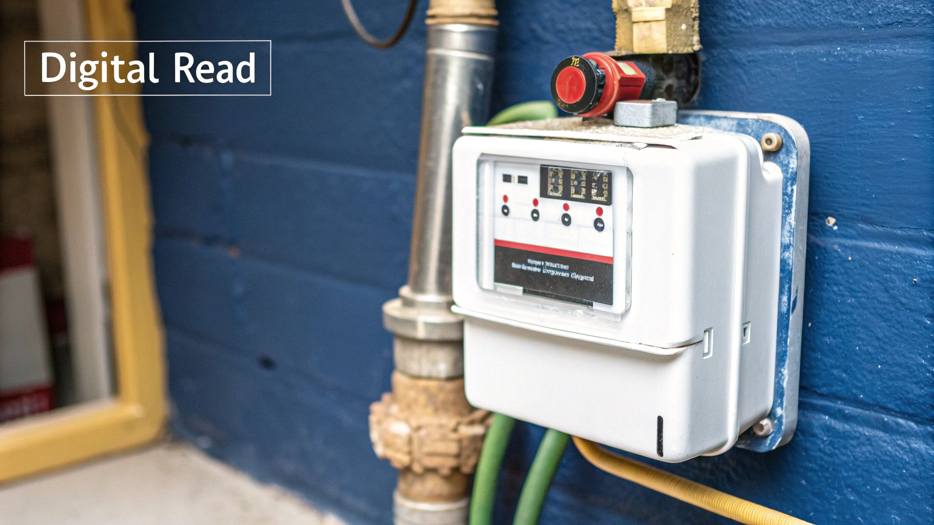 Digital gas meter with an LCD screen showing numbers
