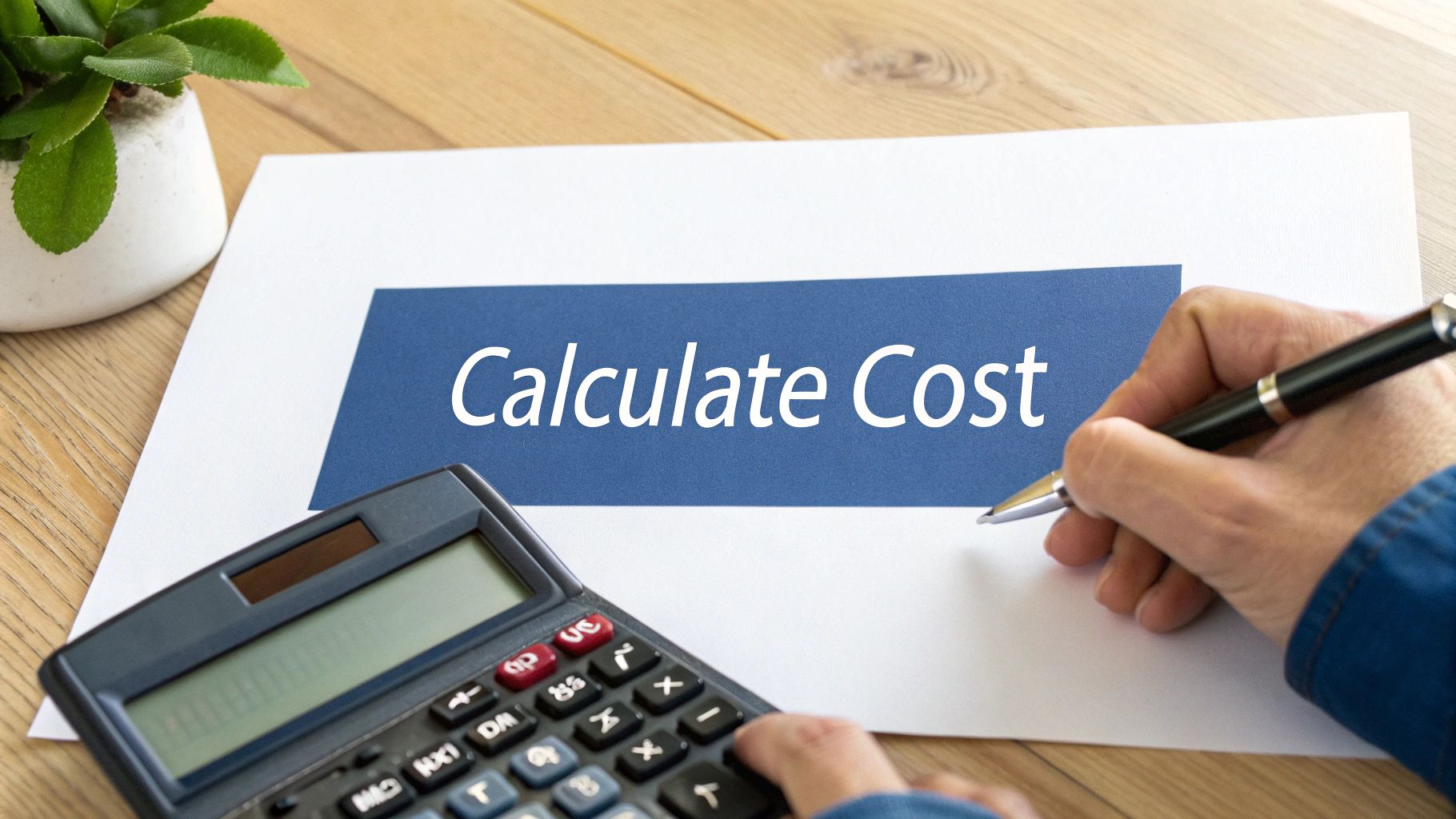 A person using a calculator with an electricity bill nearby