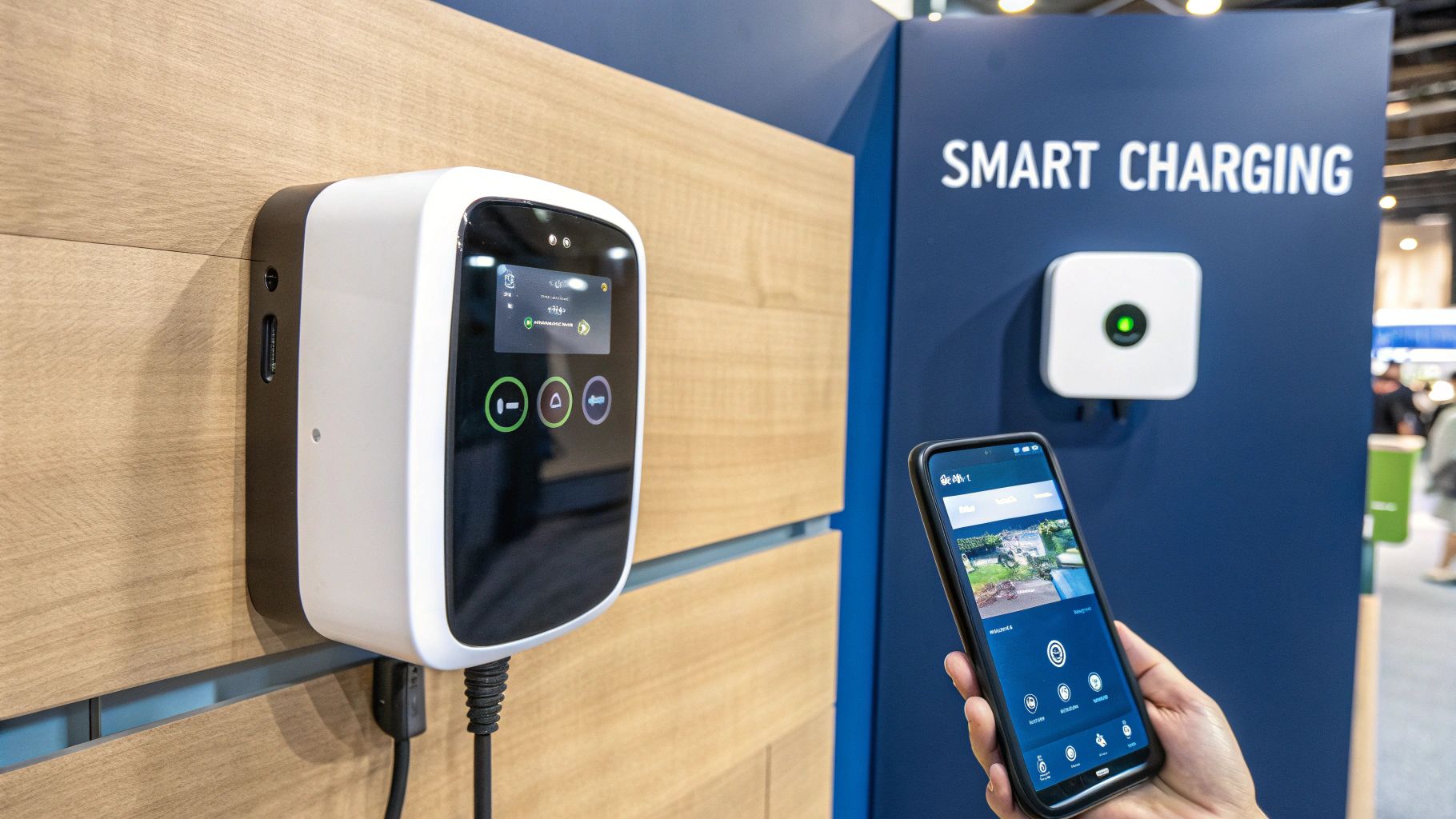 A person holding a charging cable next to an electric vehicle in a modern garage.