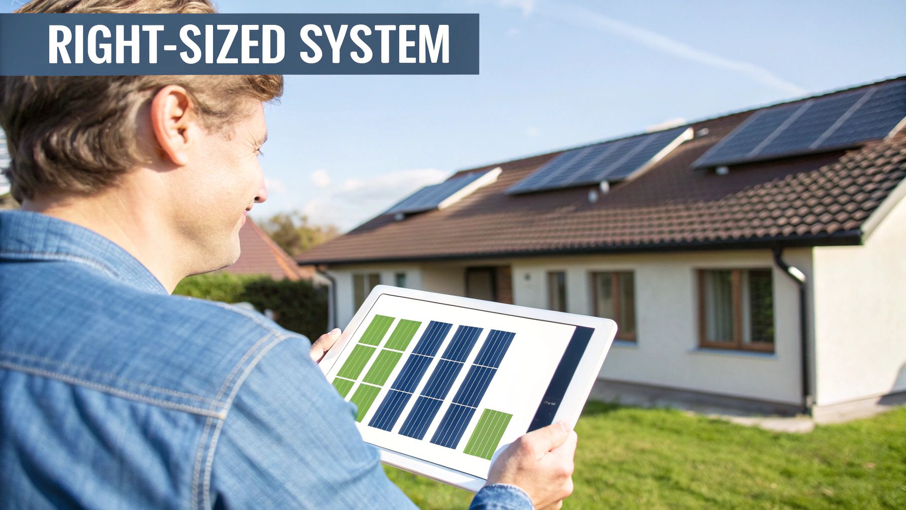 A solar installation expert reviewing plans for a solar panels and battery package on a residential rooftop.