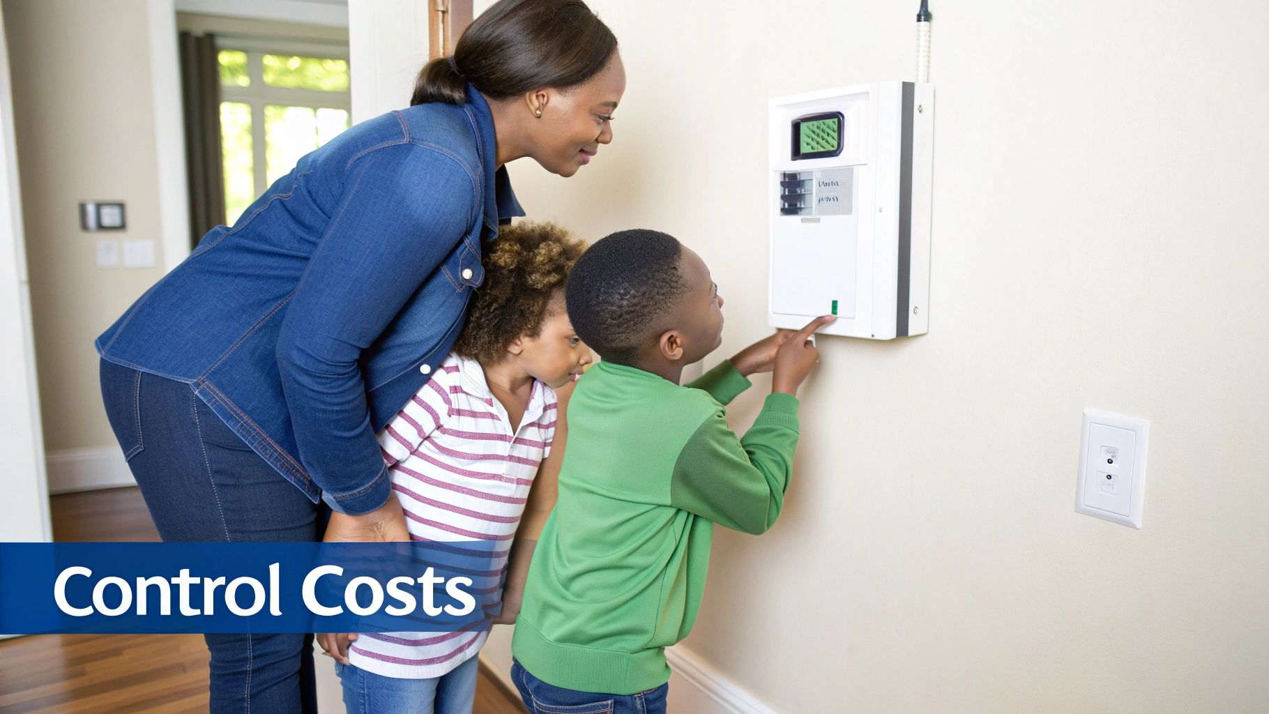 A person's hand pointing to the numbers on a modern digital electricity meter.