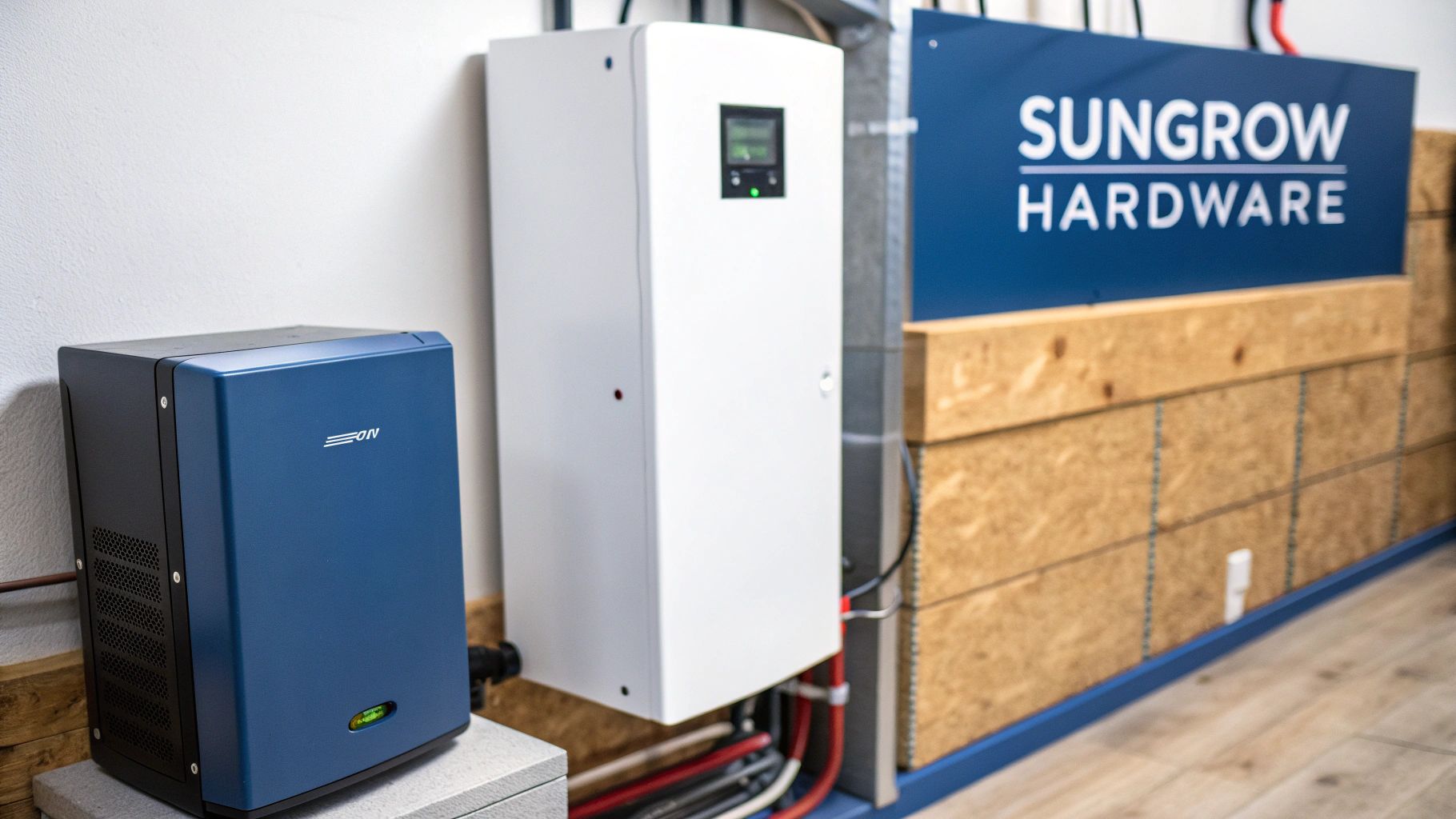 A close-up shot of a modern Sungrow battery and inverter system installed neatly on a wall, showcasing its sleek design.