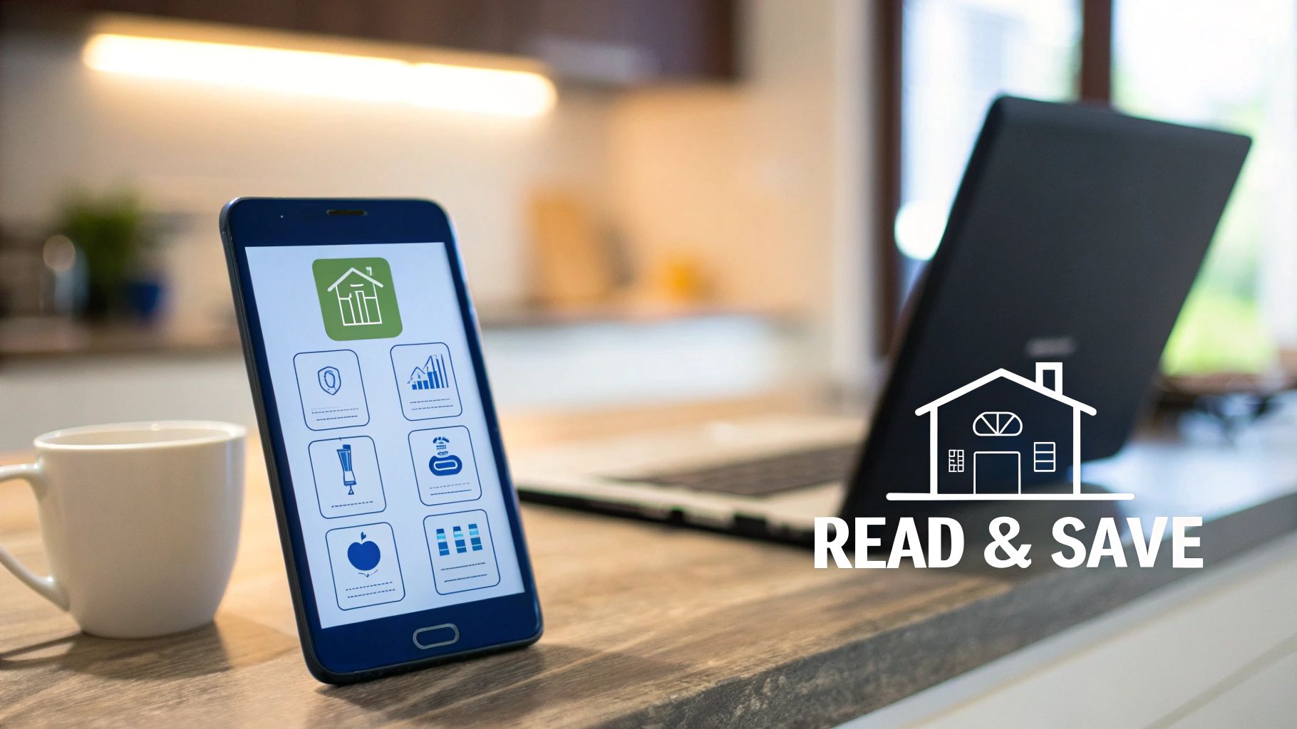 Smartphone showing a home energy monitoring app, with a laptop and coffee cup on a wooden table.