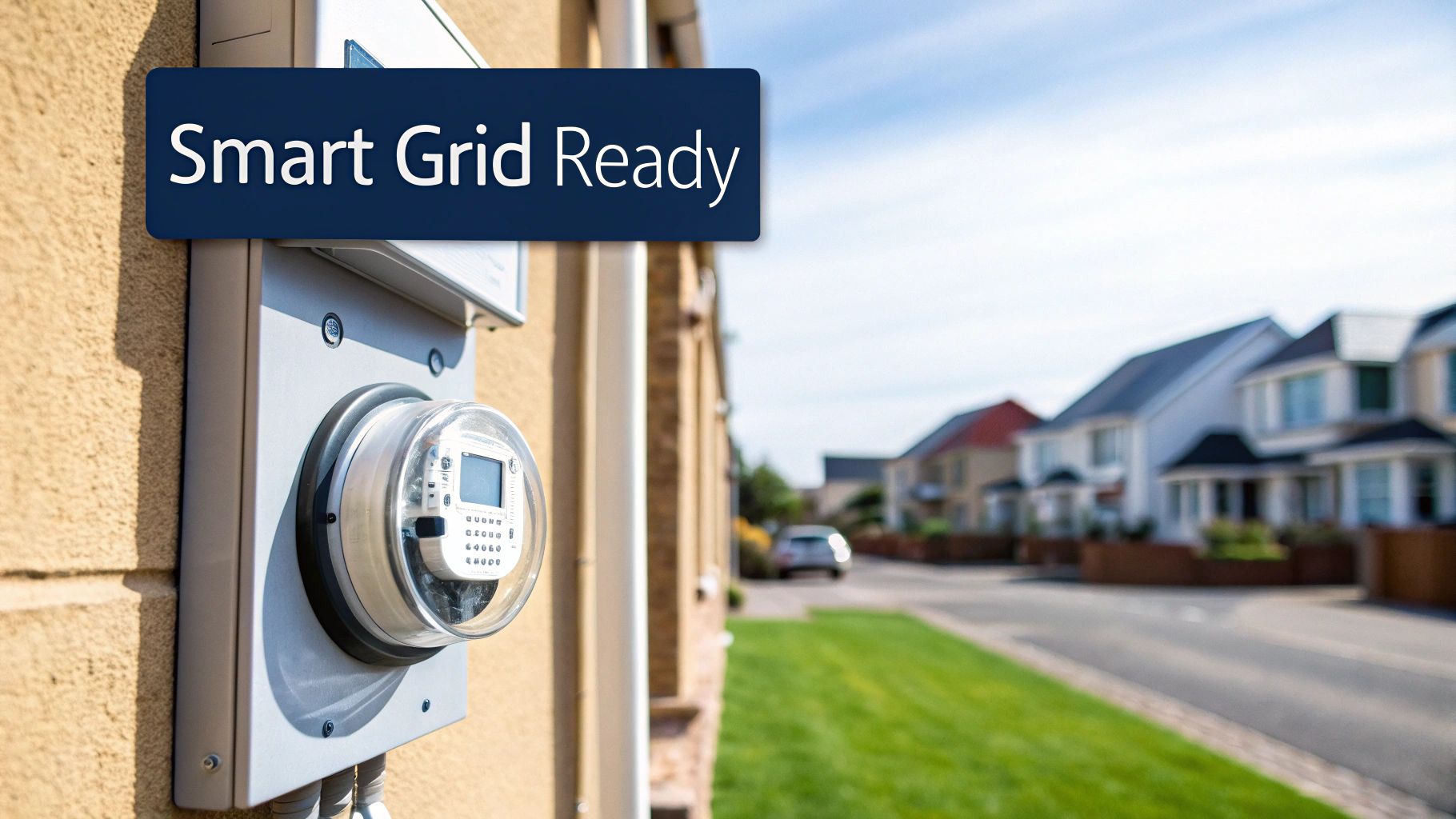 A futuristic cityscape with glowing lines connecting homes, illustrating a smart grid network.