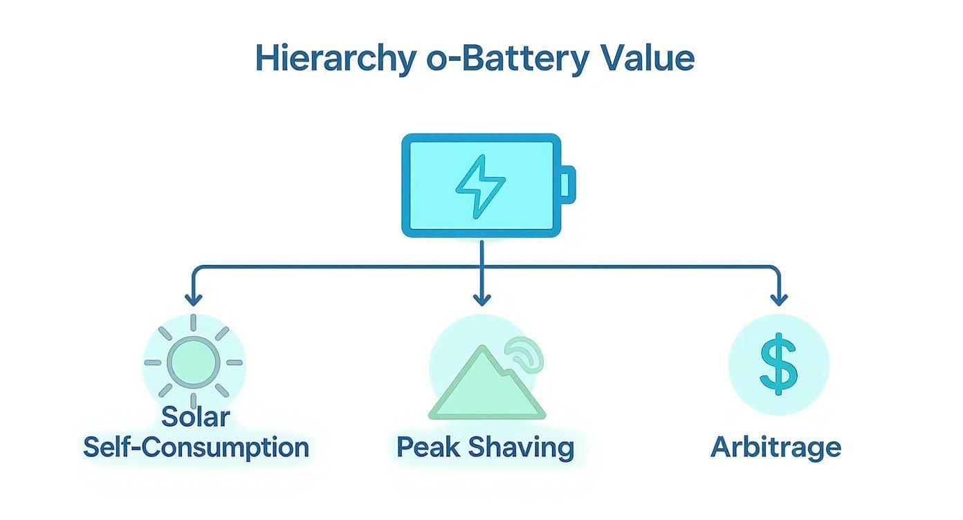 Diagram showing battery hierarchy with three value streams: solar self-consumption, peak shaving, and arbitrage