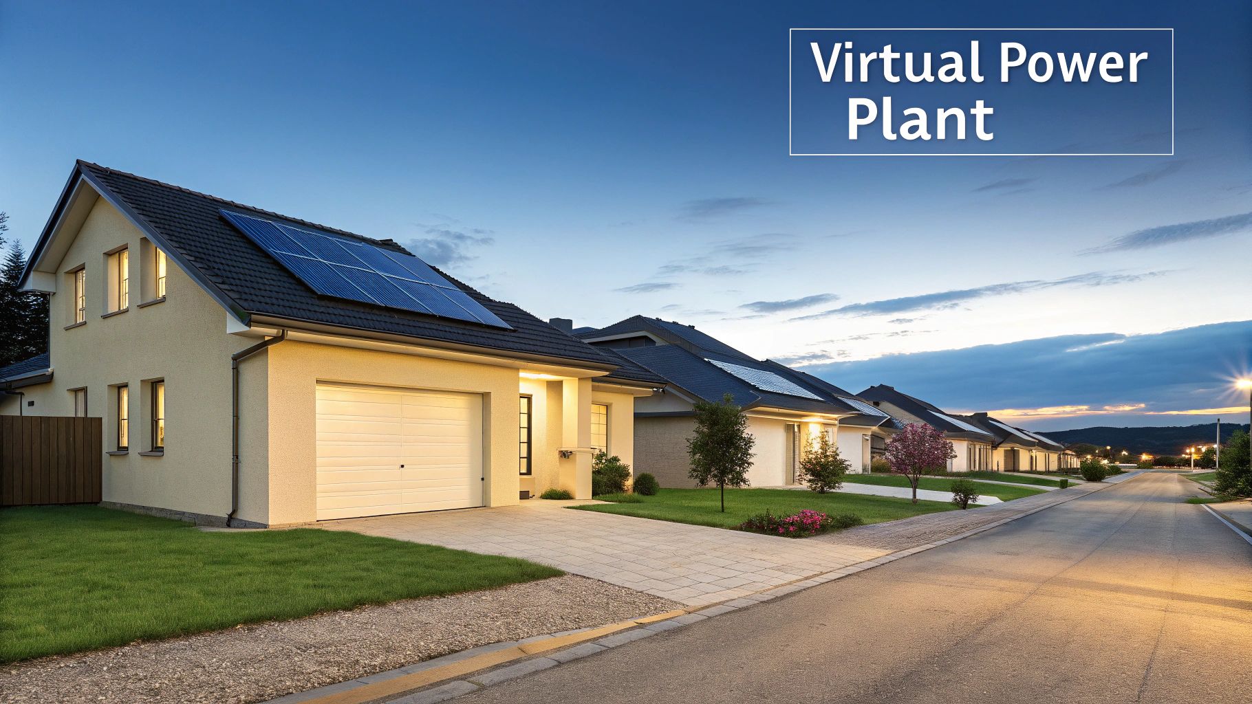 A row of modern homes with solar panels on roofs at dusk, illustrating a virtual power plant concept.