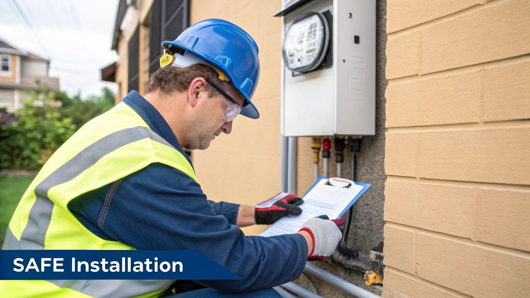 Utility worker in safety gear inspecting electric meter and documentation on residential building exterior