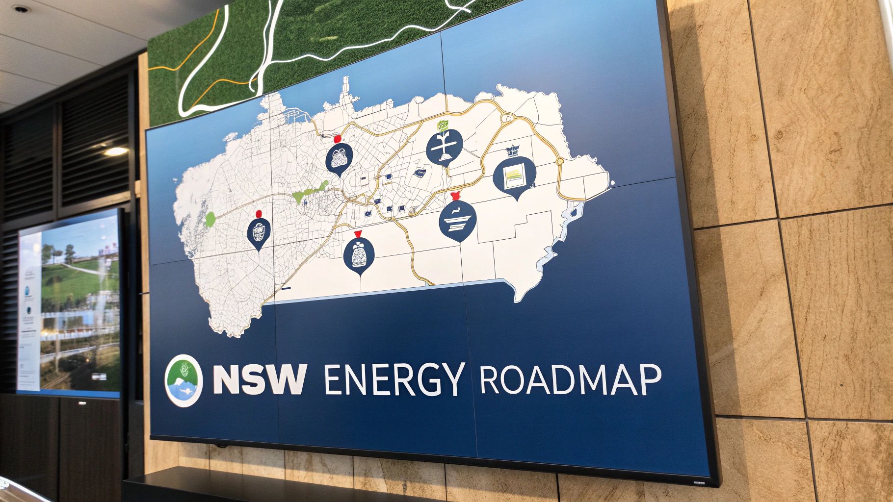 A large screen displaying the NSW Energy Roadmap, featuring a map with various energy-related icons.