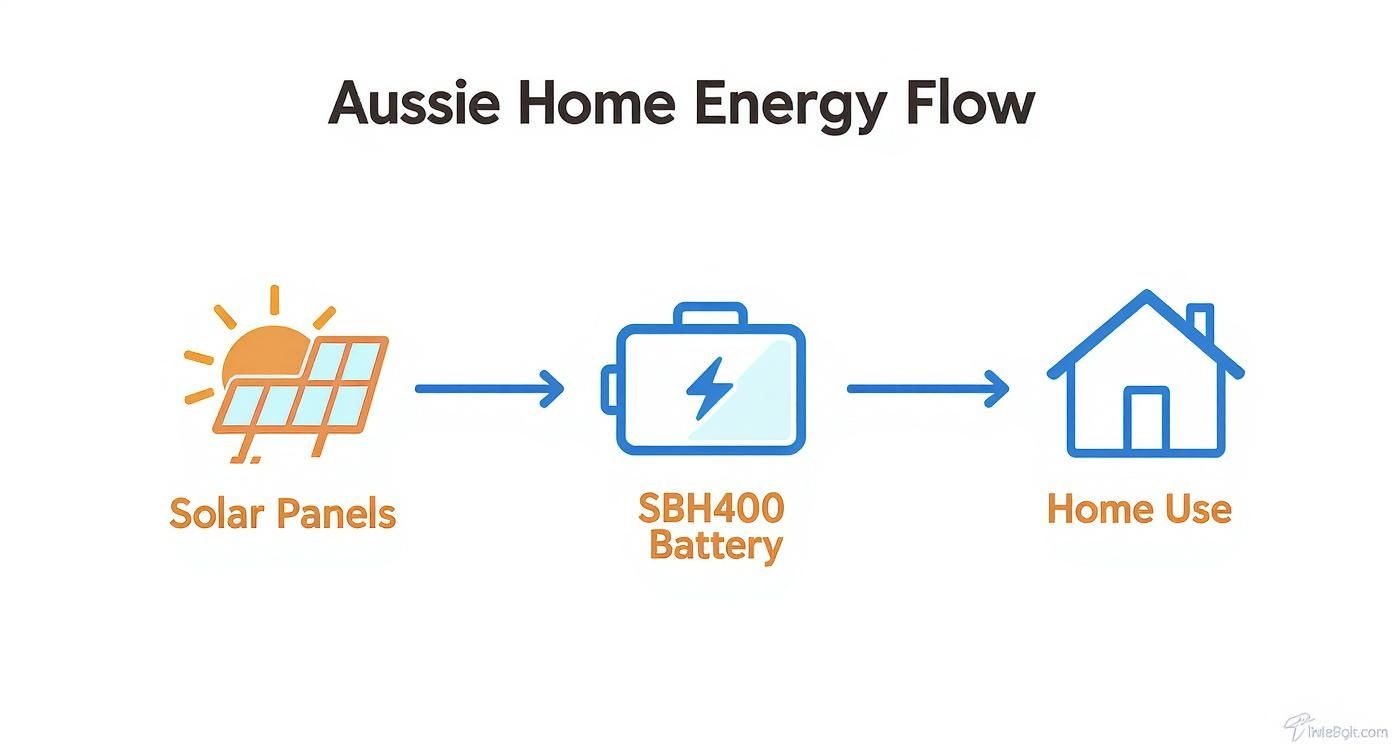 Infographic showing energy flow from solar panels to the Sungrow SBH400 battery and then to home use.