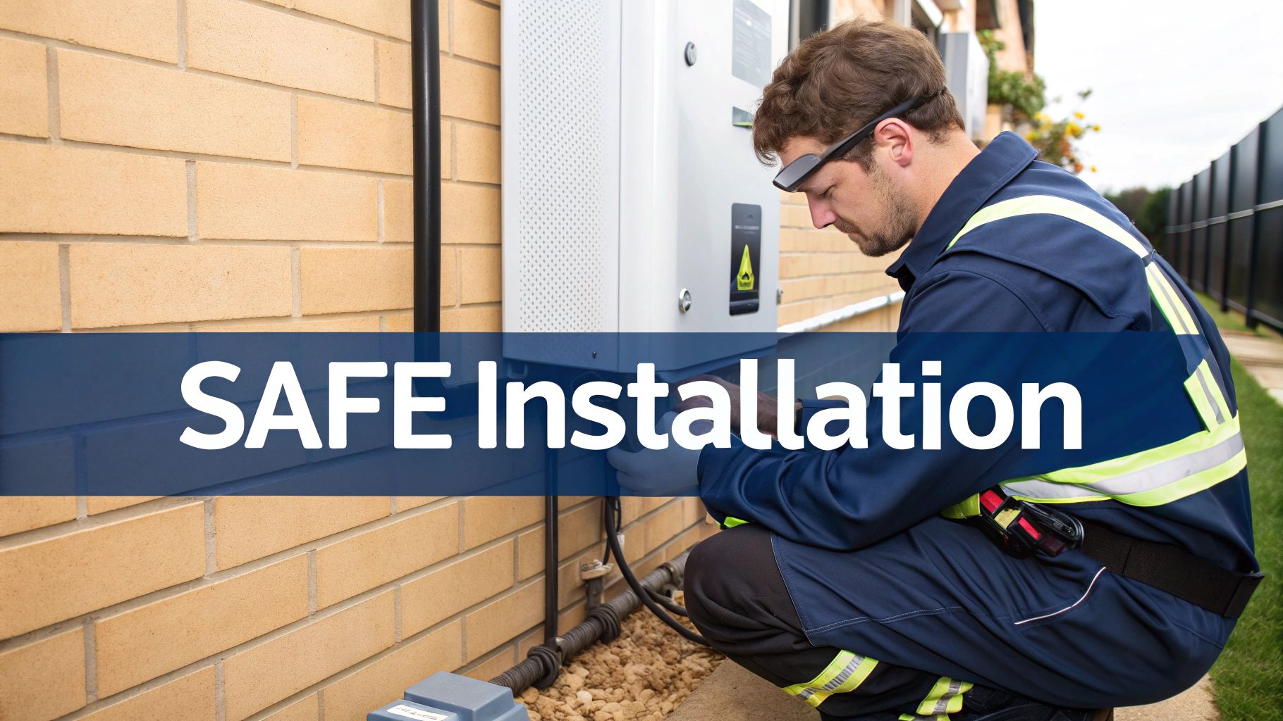 A certified solar installer mounting a Sungrow SBH400 battery on an external wall of a home.