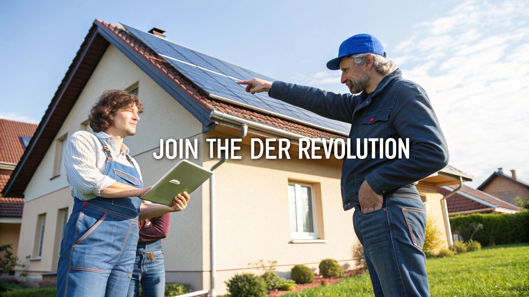 Solar panel installers discussing distributed energy resources installation on residential home rooftop