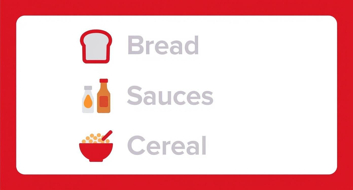 Three food category icons showing bread slice, condiment bottles, and cereal bowl with spoon illustrations