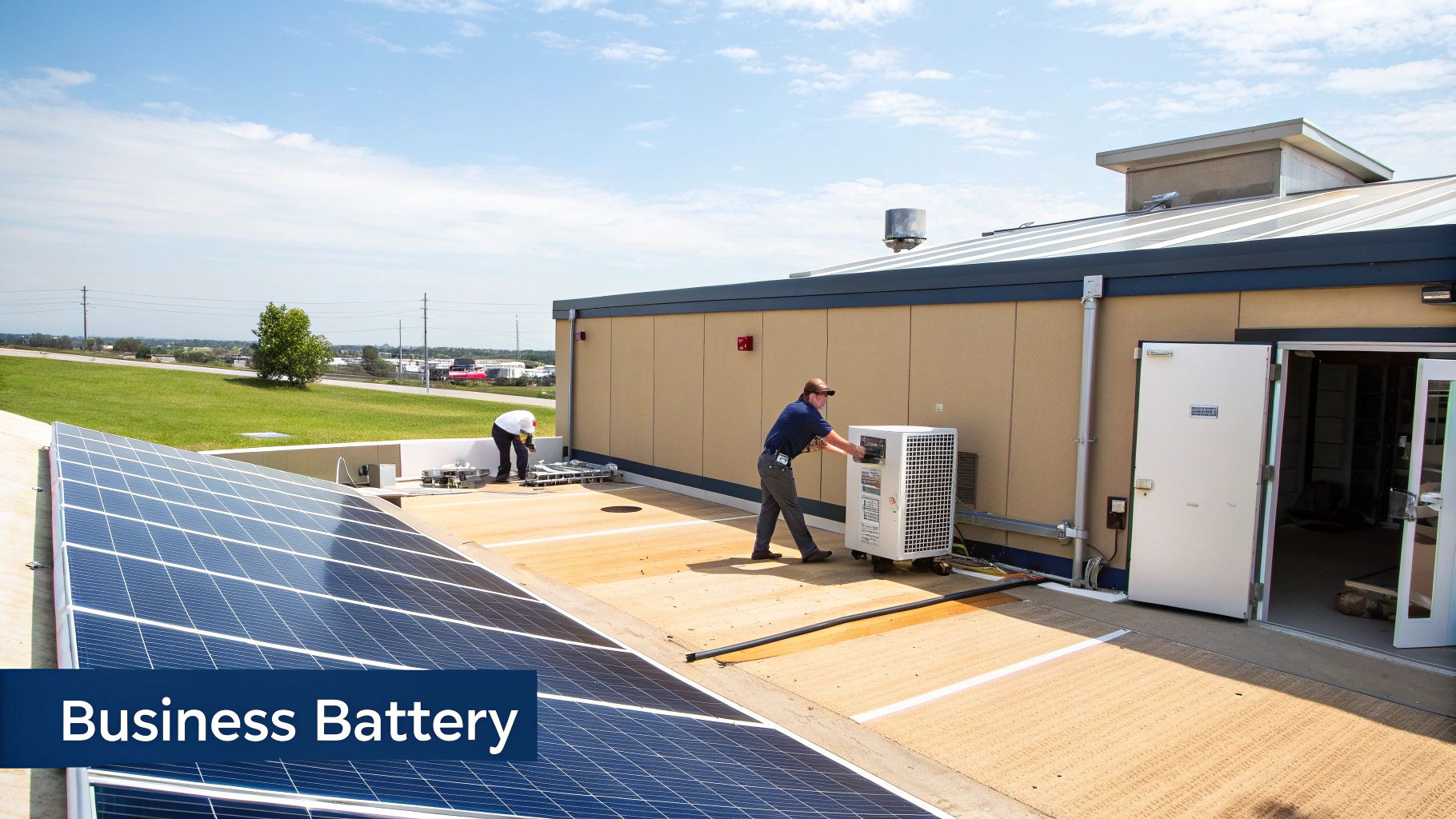 Technician installing commercial battery storage system near solar panels on business rooftop