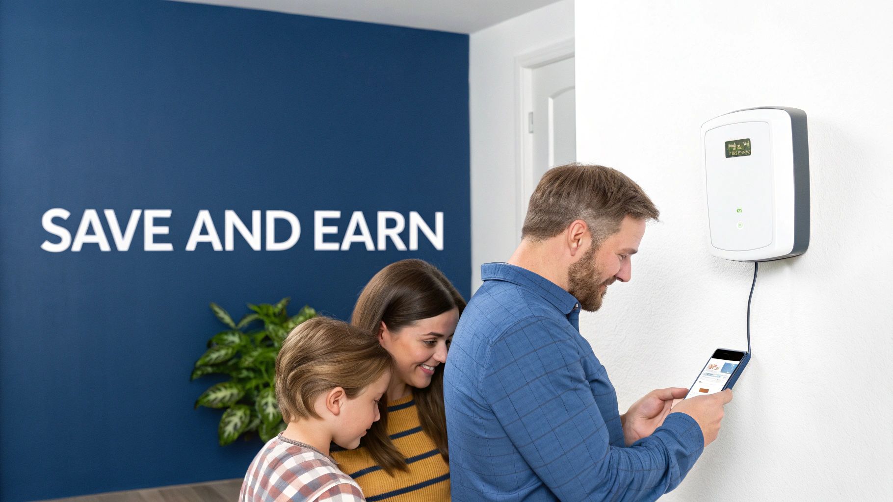 A smiling person checking their energy savings on a tablet with solar panels in the background.